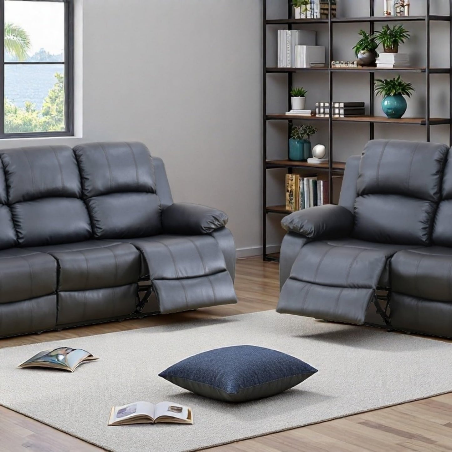 Trygoal Manual Recliner Sofa Set, Leather Reclining Living Room Furniture Set, Adjustable Backrest Reclining Loveseat Sofa and a 3 Seater Couch Furniture Set for Living Room, Home Theater, Black