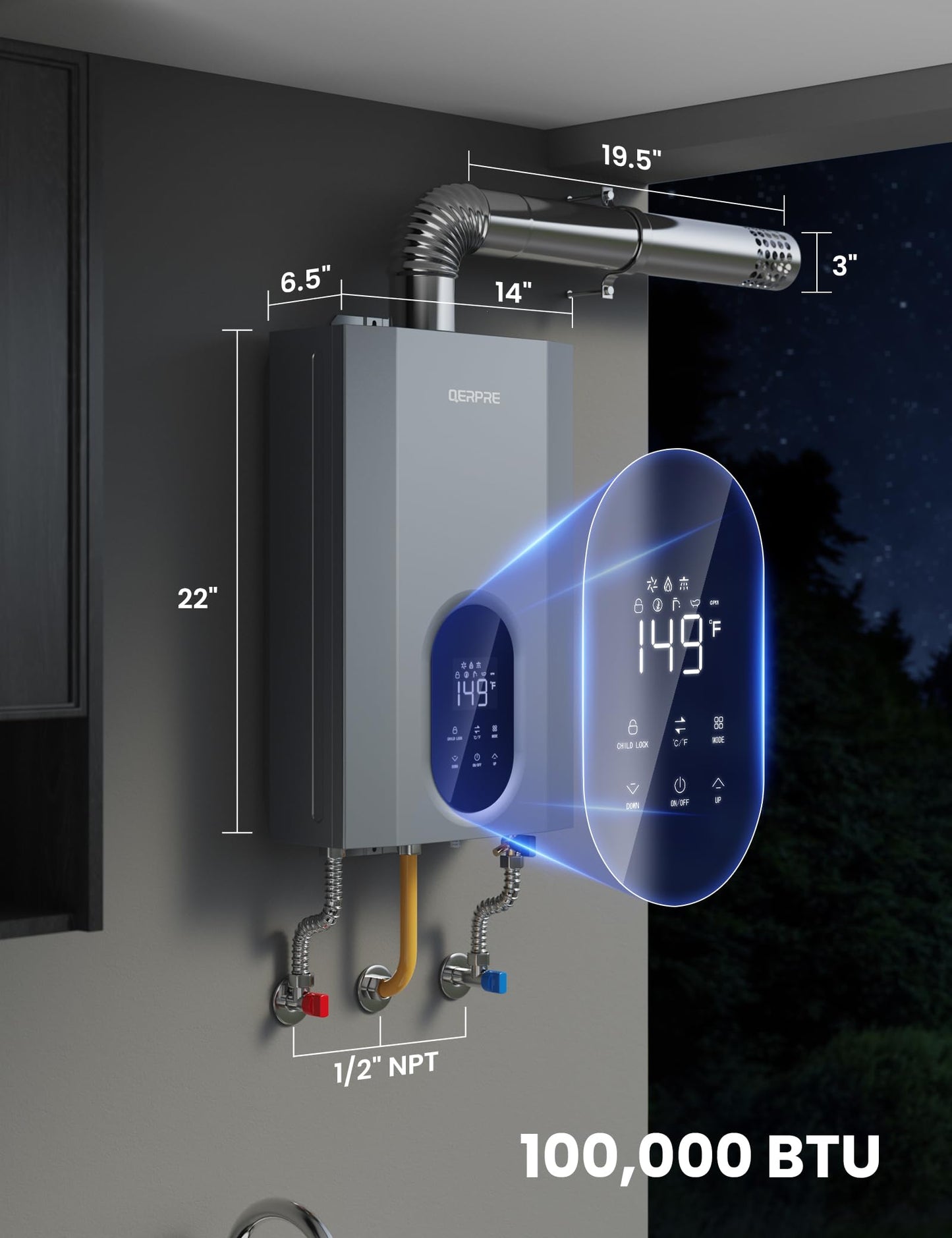 Tankless Water Heater Natural Gas, Indoor Max 4.3 GPM, 100,000 BTU, Instant Hot Water Heater for Home, Apartment, Commercial Setting, Vent Pipe Included, within 1℉ Stable Temp, LED Digital Display