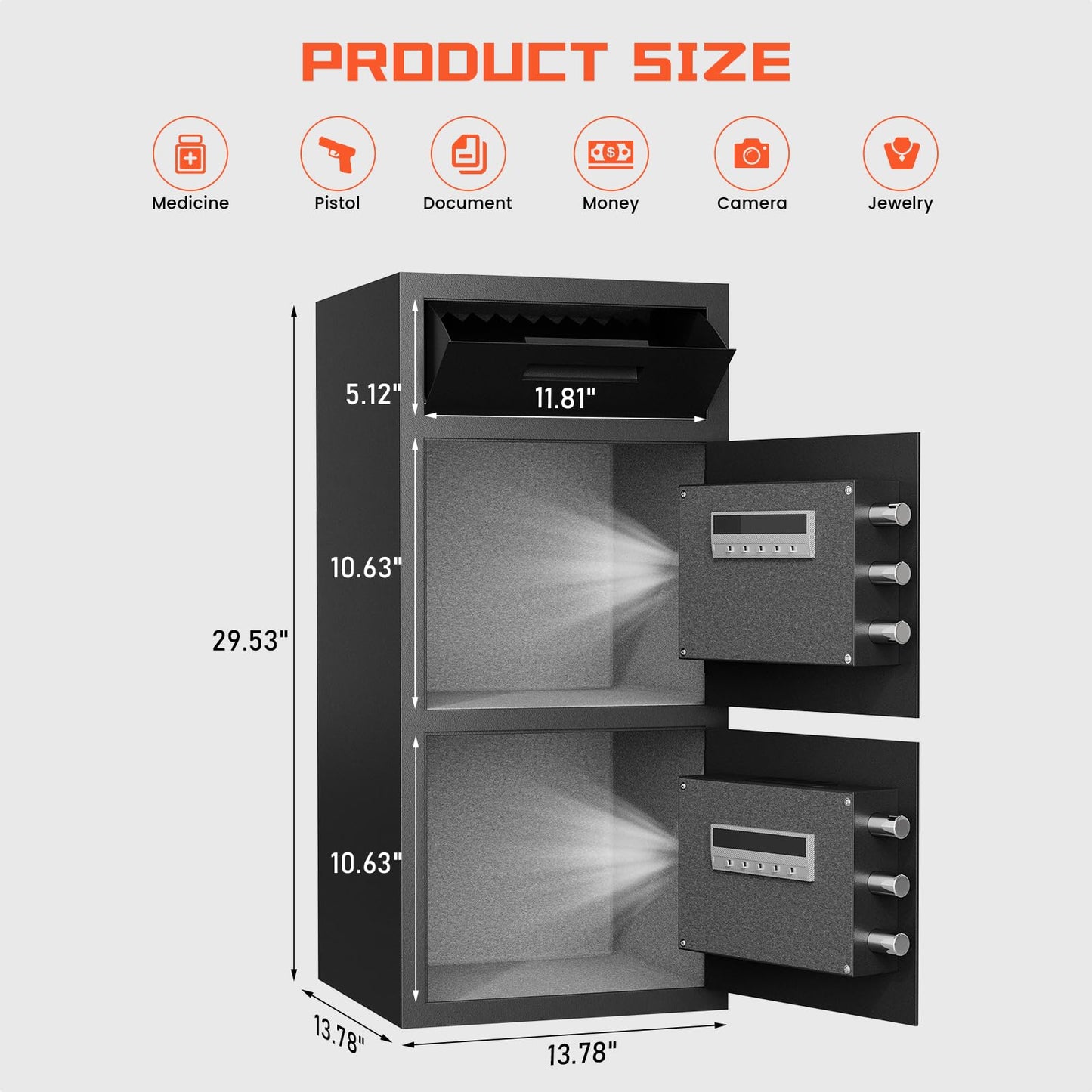 6.5 Cub Extra Large Home Safe Box Fireproof Waterproof with Drop Slot, Digital Drop Slot Safe with Double Door & Key Hook, Money Safes with Backlit Keypad & Dual Alarm for Home Office Business