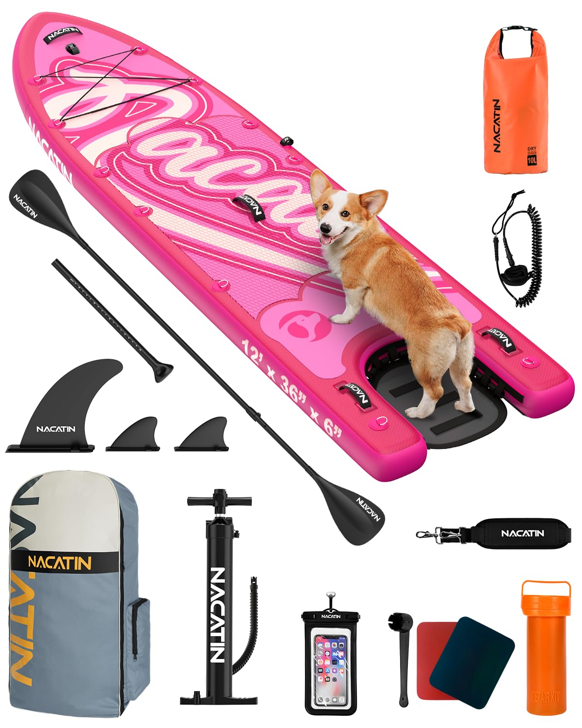 NACATIN Inflatable Stand Up Paddle Board - Premium SUP Board with Dog Ramp Kit,Complete SUP Set Paddle Boards for Adults with Single/Double Paddle, Backpack, Suitable for Paddle Boarding with Dog