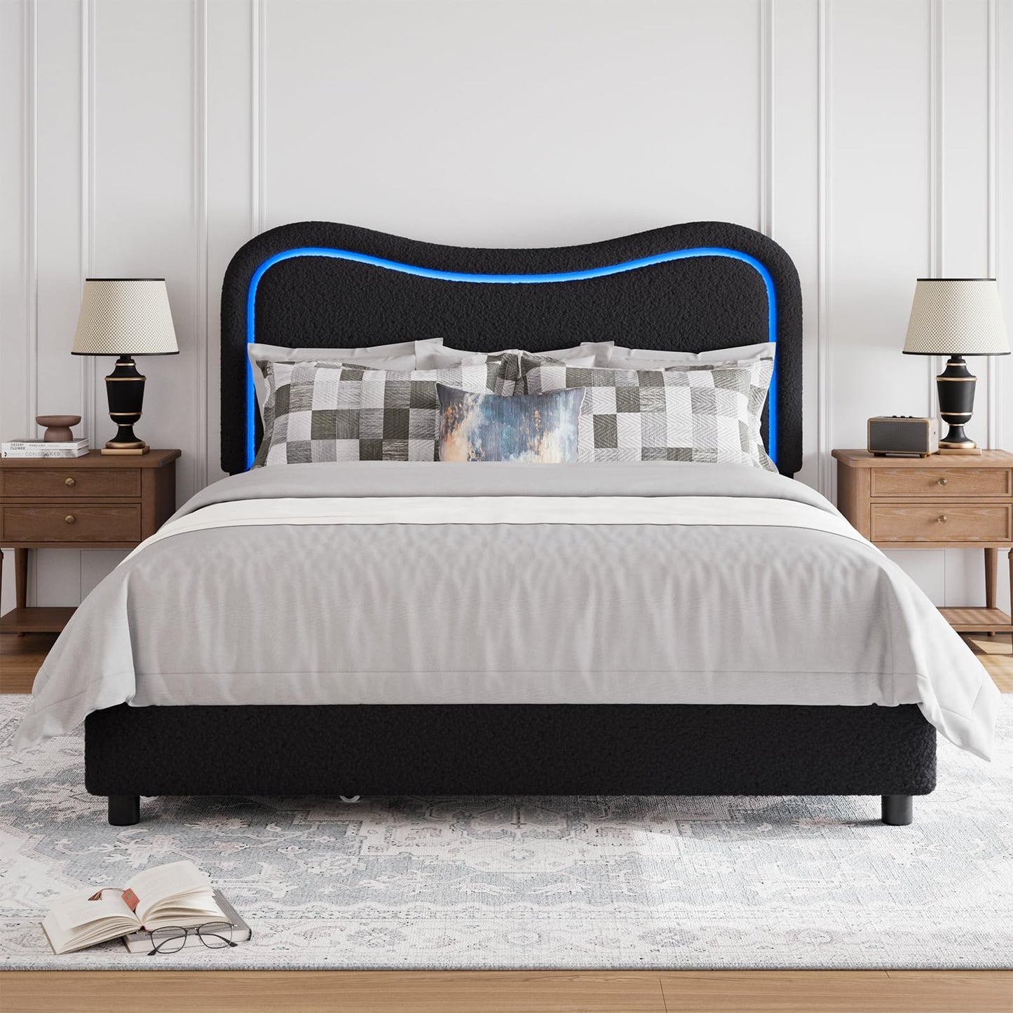 GarveeHome LED Full Size Bed Frame with 2 Drawers and Headboard, Cute Upholstered Bed with Storage, Sturdy Platform Bed, No Box Spring Needed, Wooden Slats, Noise Free, Black