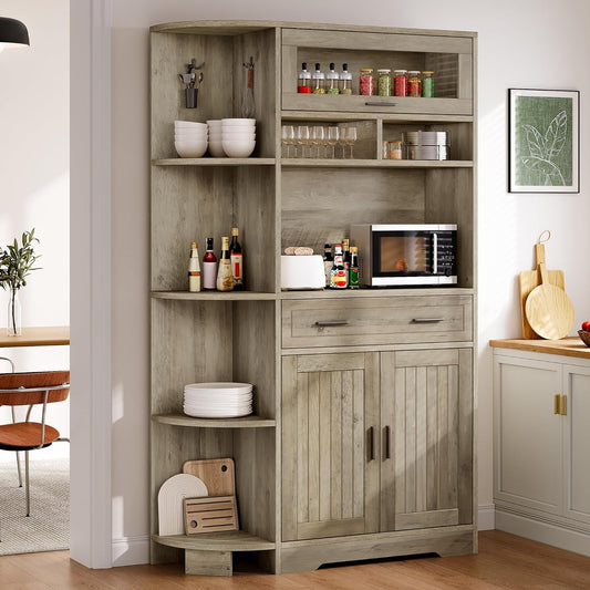 YITAHOME Kitchen Pantry Storage Cabinet, 67" Tall Kitchen Hutch with Outlet & Door & Shelves & Drawer, Farmhouse Wooden Microwave Stand Buffet Coffee Bar for Home Living Dining Room, Antique Gray