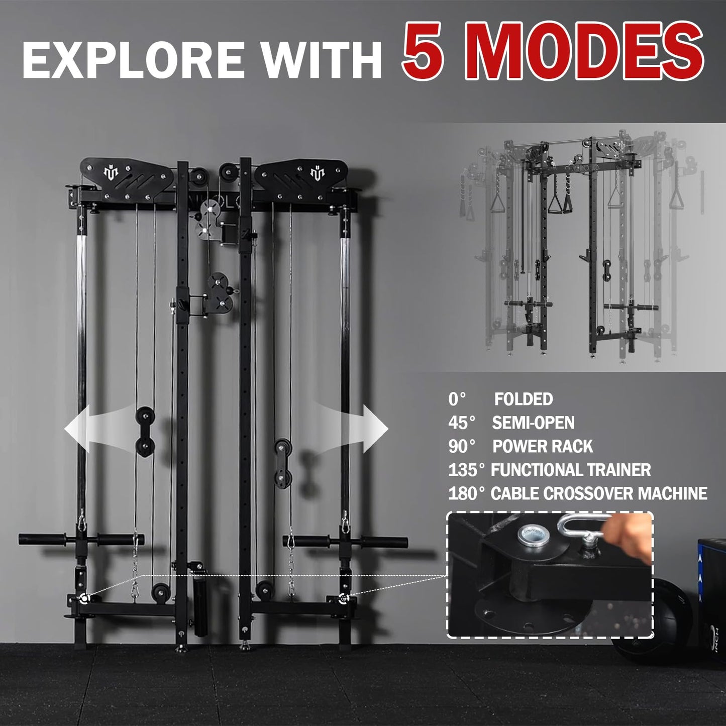 Mikolo Folding Squat Rack, Wall Mounted Power Rack with Cable Crossover Machine & LAT Pull Down, Functional Trainer with 5 Adjustable Function Modes, for Home Gym and Space Saving(Black)