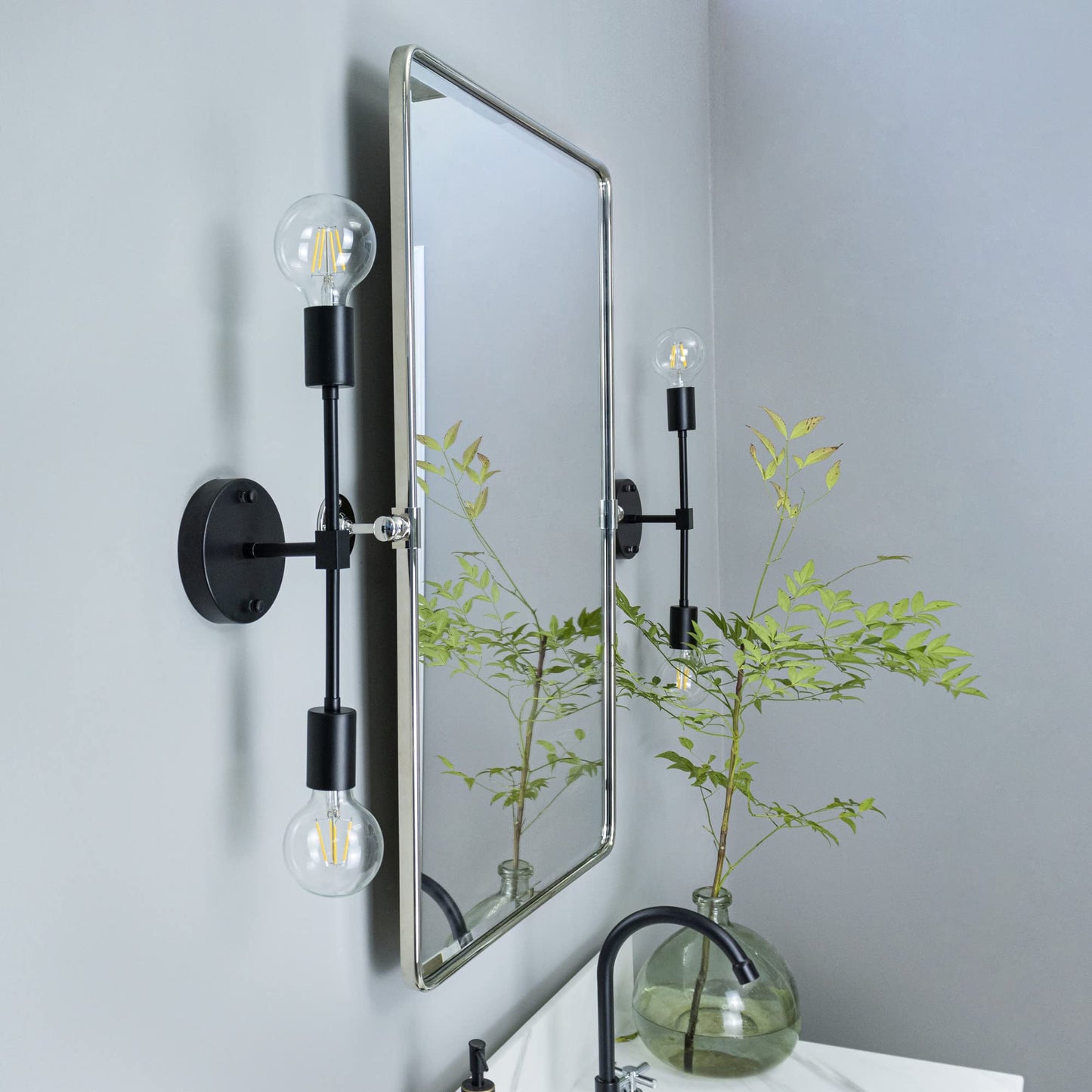 TEHOME Chrome Pivot Rectangle Bathroom Vanity Mirrror Farmhouse Tiltable Rounded Metal Framed Pivoting Bathroom Mirror with Beveled Mirrror, Overall 26.91 x 35 inches (Mirrror 23 x 35 inches)