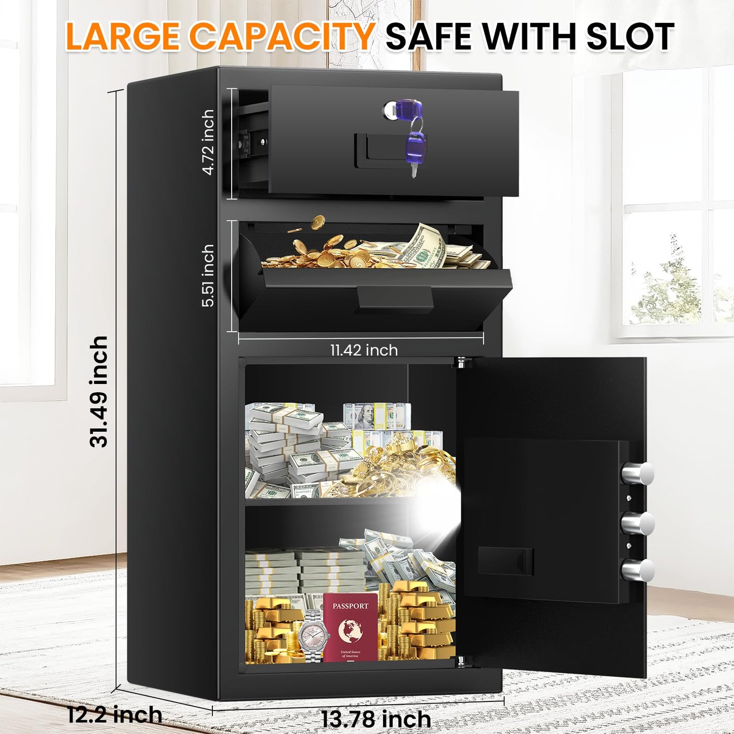 7.5 Cub Large Drop Safe for Business, Anti-Theft Depository Safe Box with Quick Place Drop Slot, Drawer, Digital Keypad, Spare Key, Heavy-duty Cash Drop Safes for Commercial Bussiness Retail Office