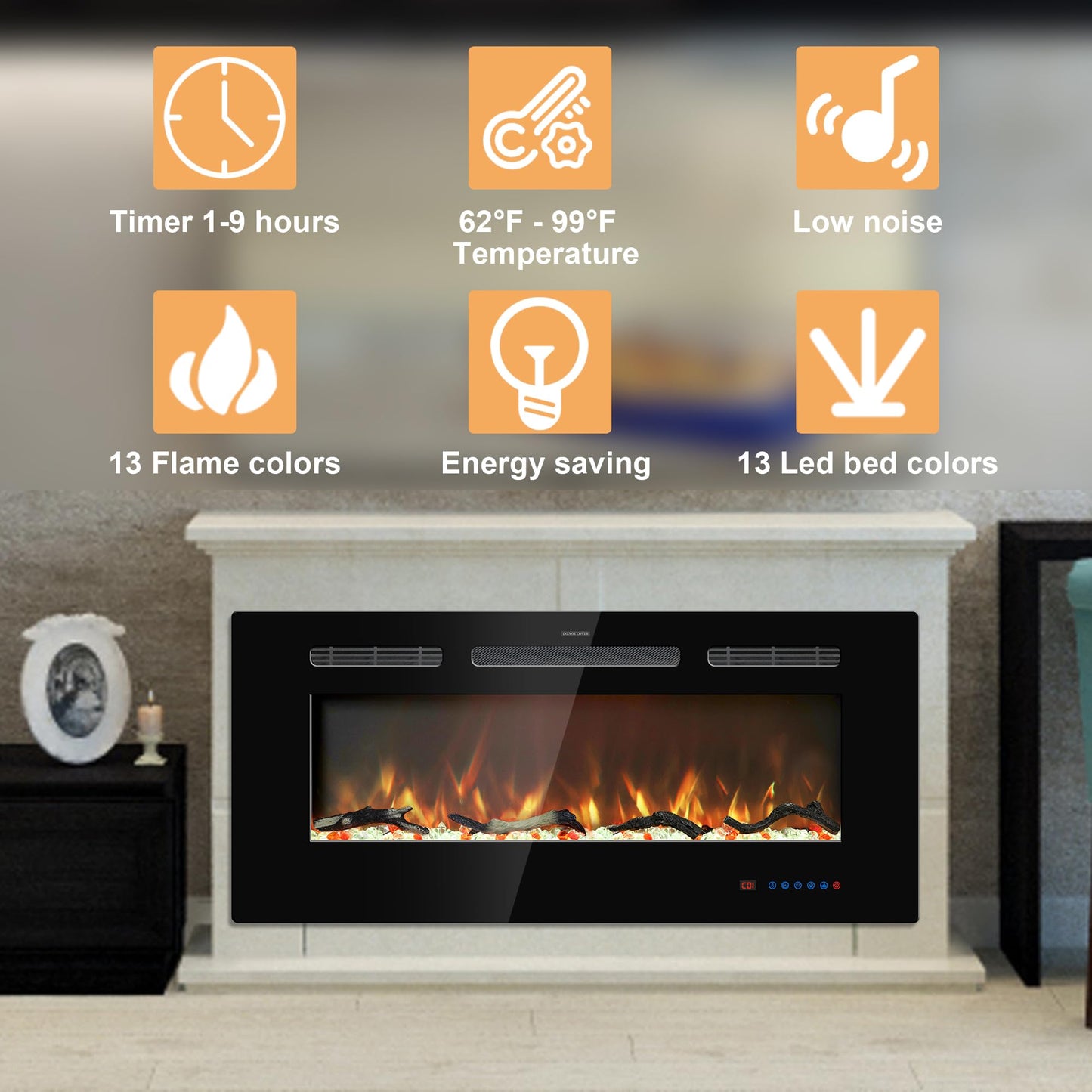 Kentsky 42 inches Electric Fireplace Inserts, Recessed and Wall Mounted Fireplace Heater, Linear Fireplace w/Thermostat, Remote & Touch Screen, Multicolor Flame, Timer, Logs & Crystal, 750W/1500W