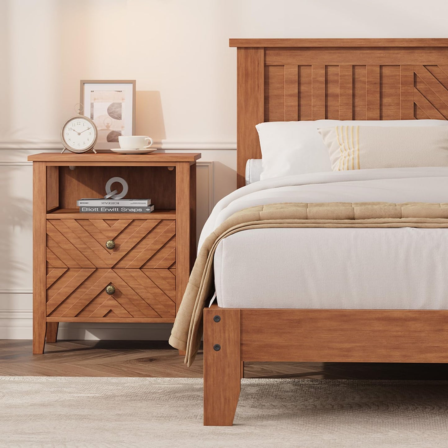 Garvee Queen Wooden Platform Bed Frame with v-Pattern Headboard, Wooden Slat Support, Noise-Free Mattress Foundation, No Box Spring Needed, Easy Assembly,Under-Bed Storage, Light Brown