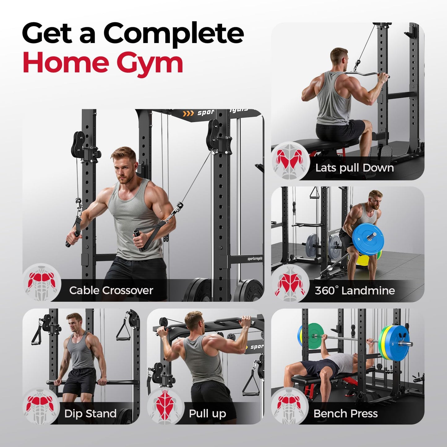 Sportsroyals Power Cage, Multi-Functional Squat Rack, Power Rack with Pulley System & LAT Pull Down, Workout Cage with J Hooks for Home Gym