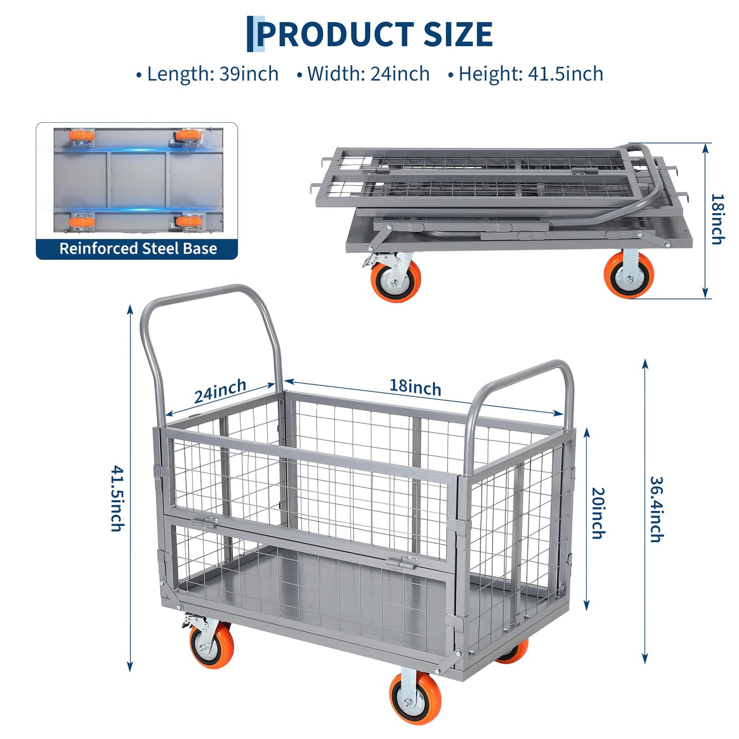 Platform Truck Cart with Cage, 6-in-1 Multi-Purpose Push Cart Dolly, Foldable Hand Truck Load 1800 LBS with 4 Wheels Flatbed Cart for Grocery, Laundry, Garage, Warehouse,Silver