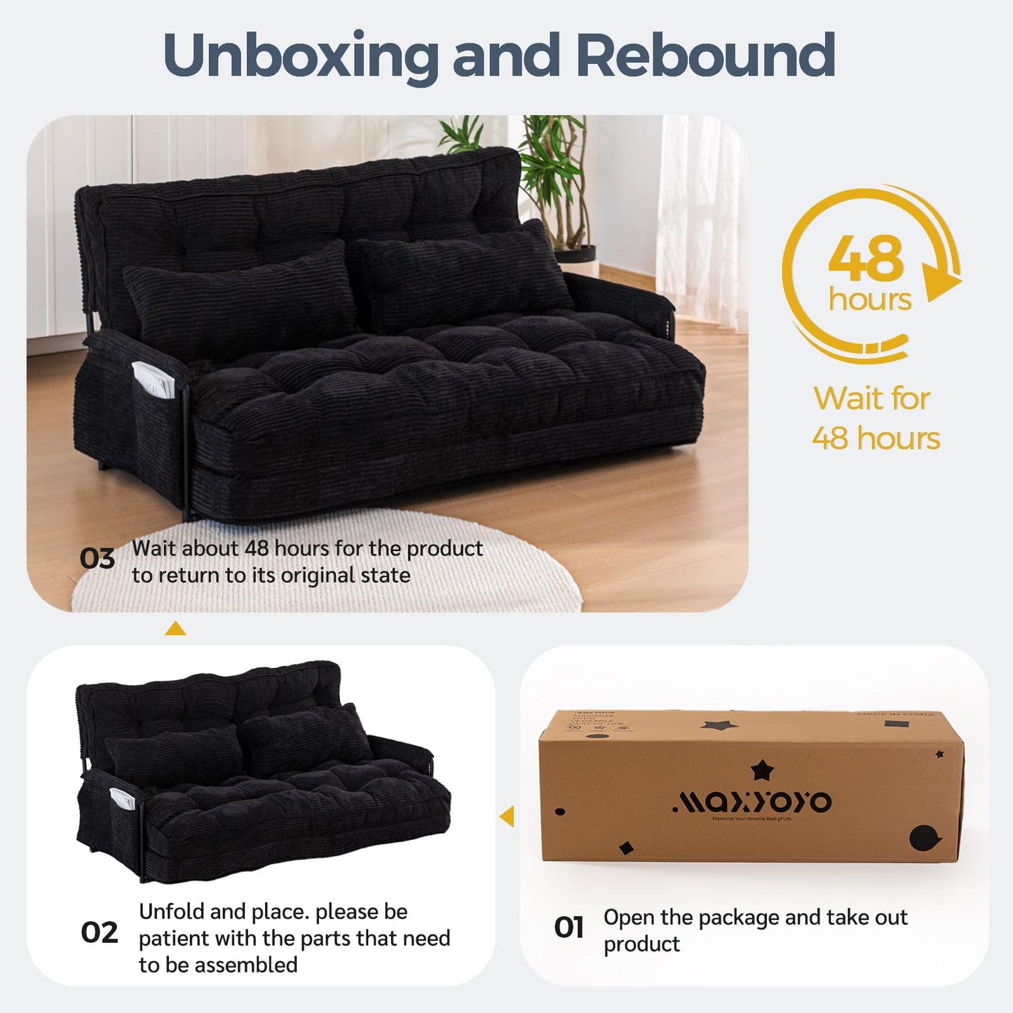 MAXYOYO Adjustable Floor Sofa Couch with 2 Pillows, Multi-Functional Bean Bag Bed, 5-Position Foldable Lazy Sofa Bed with Armrest, Versatile Floor Seating for Reading, Black, Double