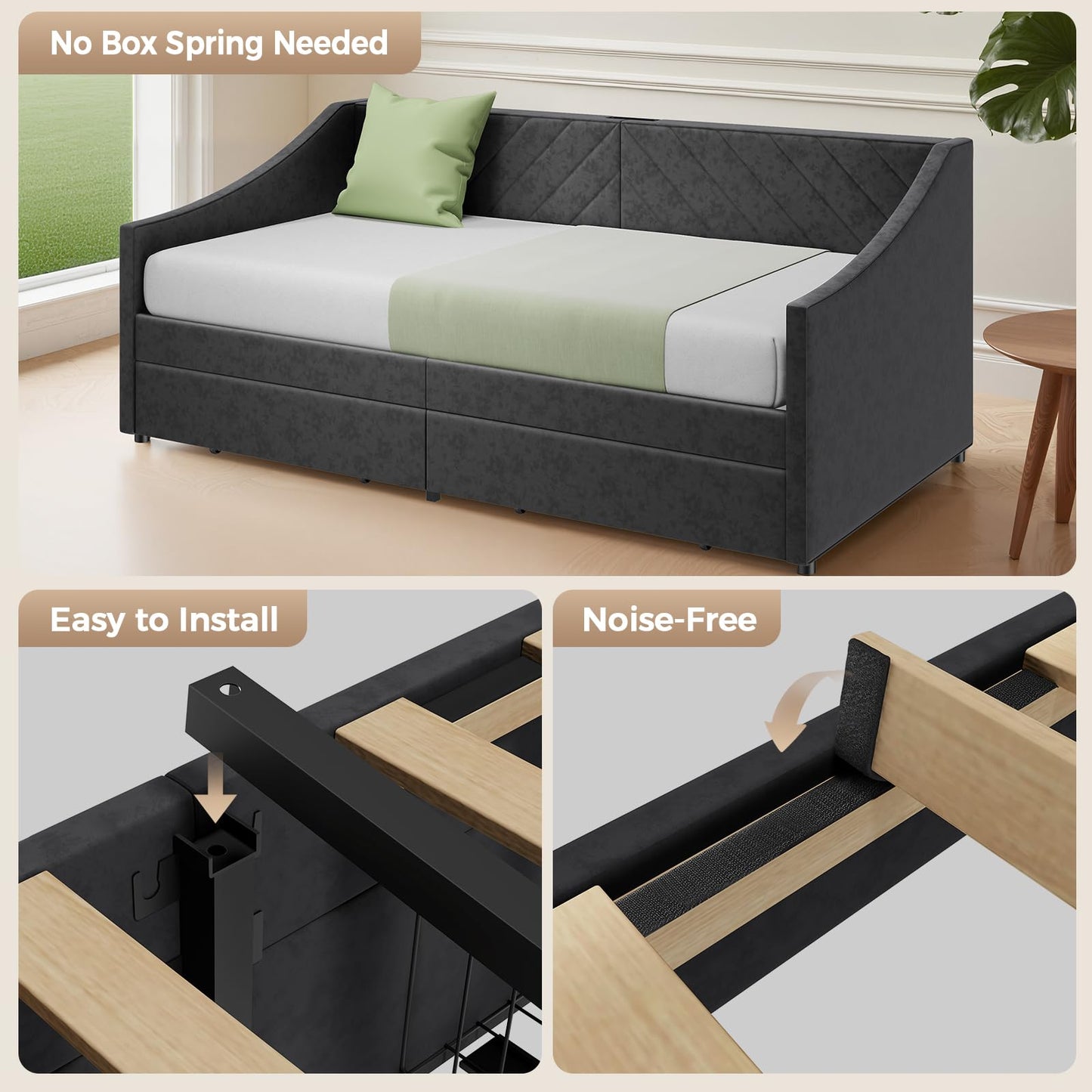 Mashomdec Twin Size Daybed with 2 Storage Drawers, Upholstered Daybed Frame with Charging Station, Heavy Duty Sofa Bed for Bedroom, Living Room, No Box Spring Needed,Easy Assembly