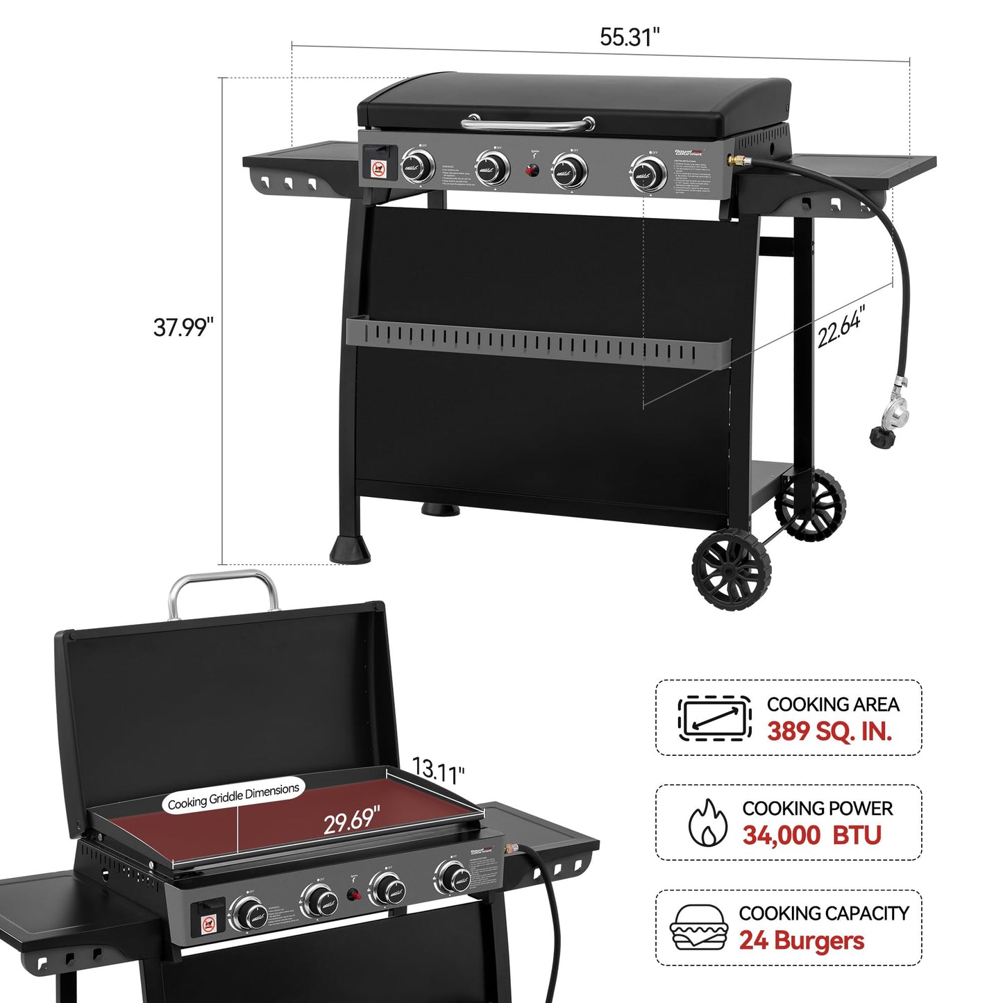 Royal Gourmet PD4001 4 Burner Propane Gas Griddle with Removable Standing Cart, Convertible to Tabletop Design, Flat Top Grill with Hood for Camping, Tailgating, Backyard, Black