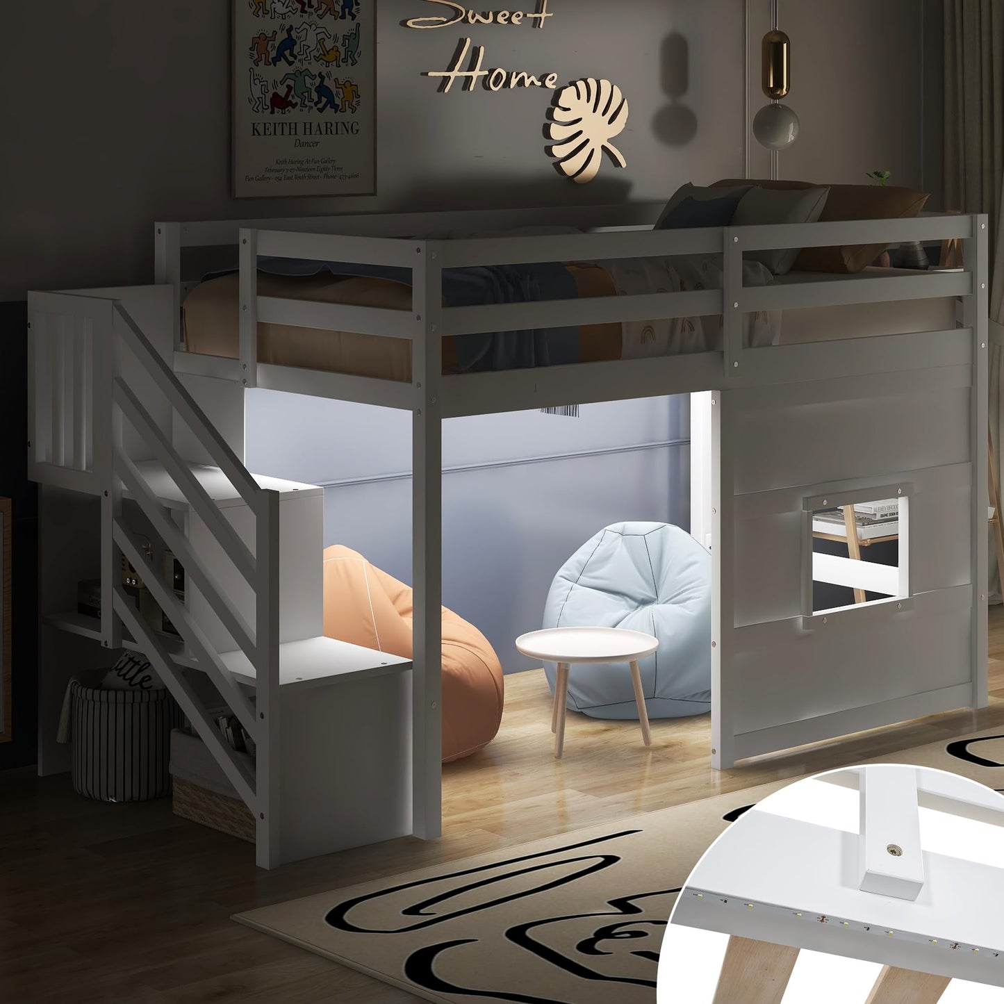 Merax Twin Size Loft Bed with Storage Staircase, Solid Wood Loft Bed Frame with LED Light and Safety Guardrail, Under-Bed Play Space, Playhouse Beds for Kids, Boys, Girls,White