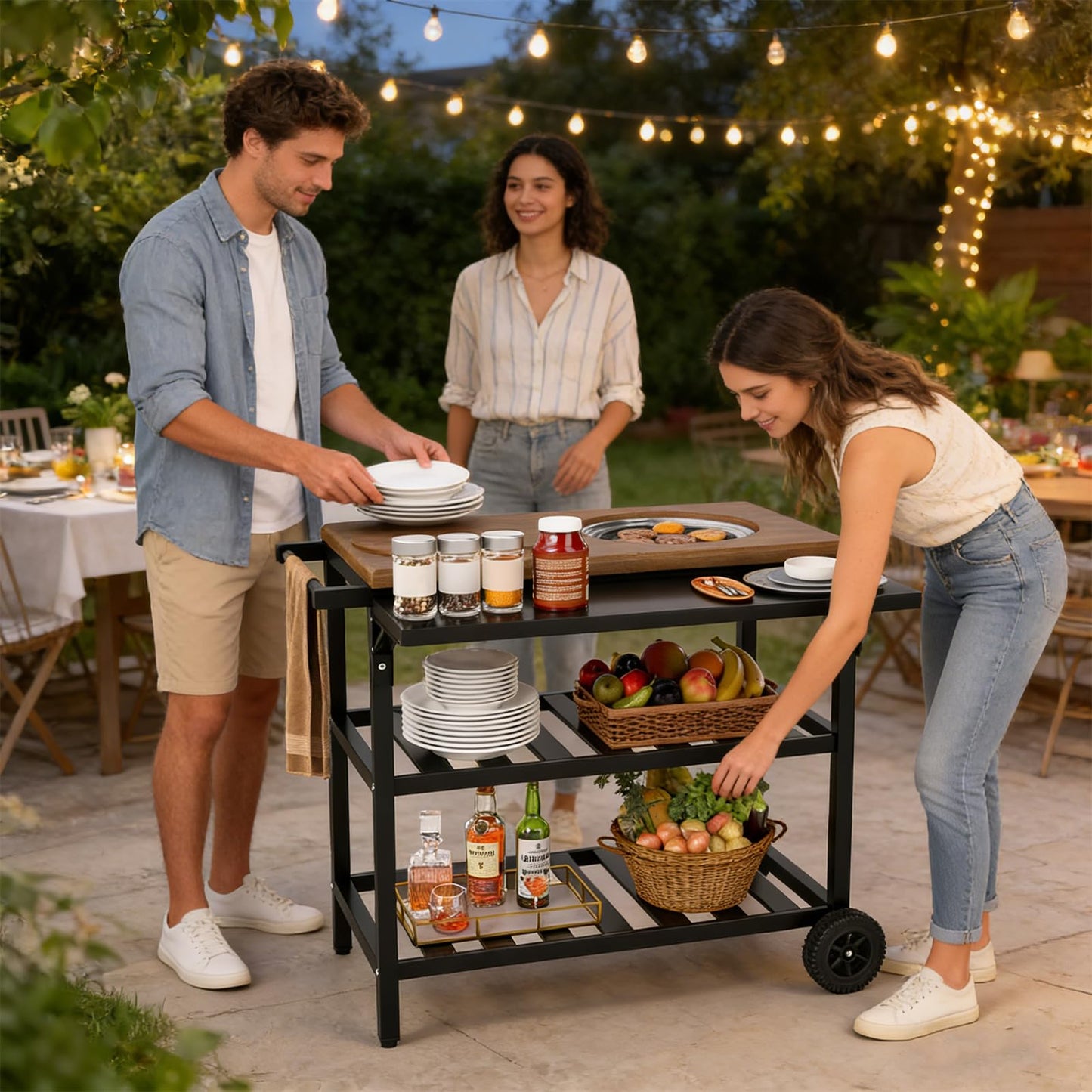 Giantex Outdoor Grill Cart with Korean BBQ Charcoal Grill, Dual Cooking Surfaces, Rolling Food Prep Table with Foldable Side Shelf, Storage Shelves, Wood-Look Top, for Patio, Party & Backyard Cooking