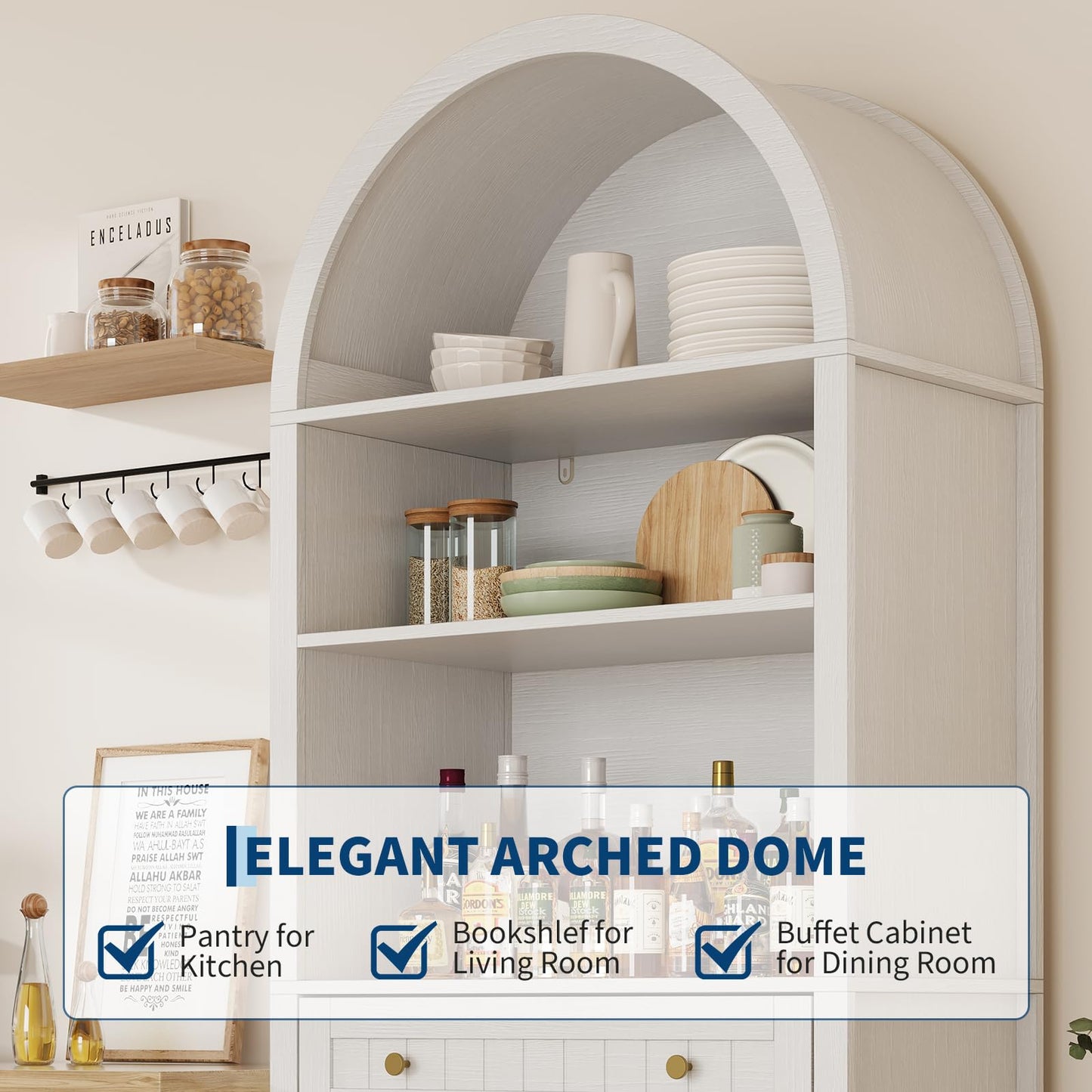 GarveeHome 73" Tall Arched Pantry Cabinet with 1 Drawer, 3-Tier Bookshelf, Bookcase, Kitchen Storage Cabinet with Doors and Adjustable Shelves, for Dining Room and Livingroom