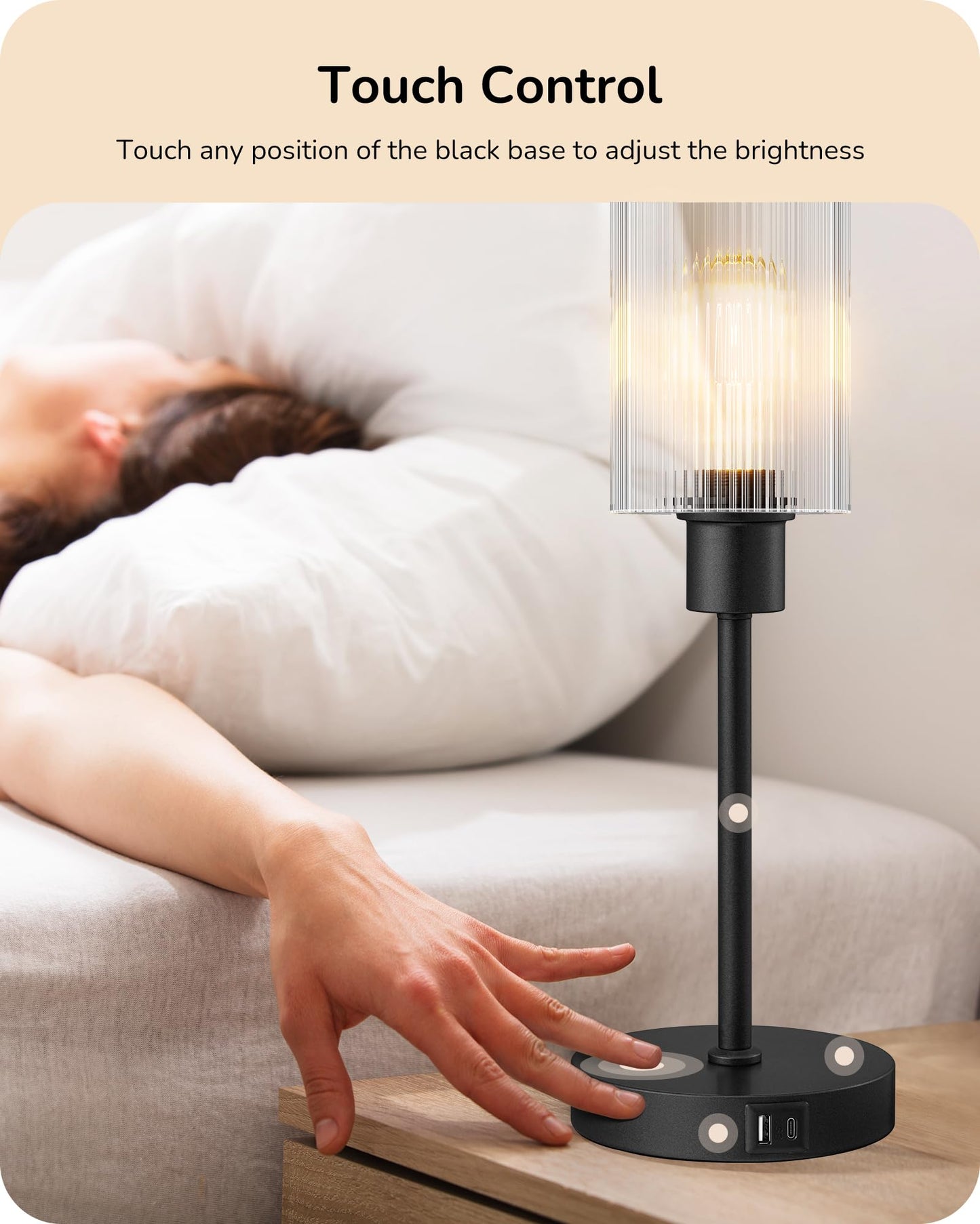 EDISHINE Table Lamp, Touch Control, 3-Way Dimmable, USB C+A Ports, Glass Shade, Black, Model 6e0d2e66-4aa0-