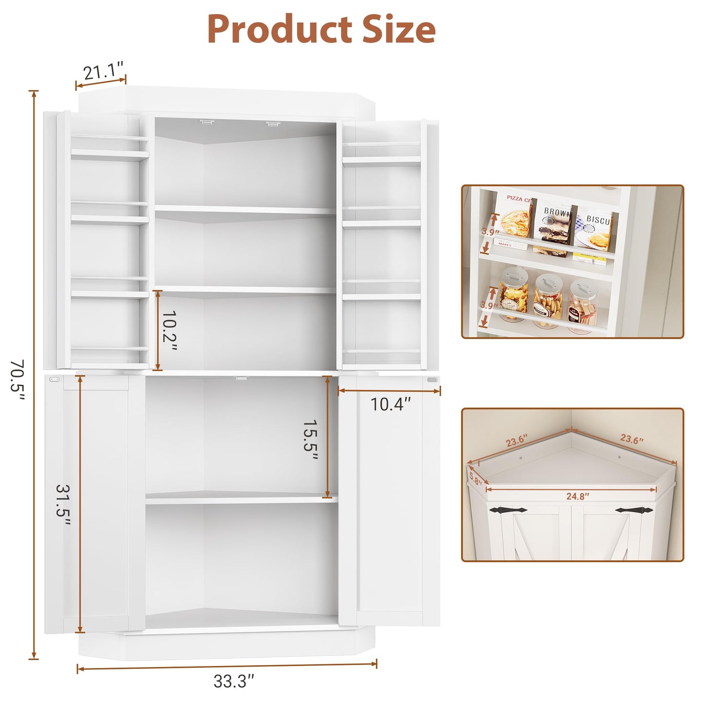 Corner Cabinet,71'' Kitchen Pantry Storage Cabinet with 4 Doors and Shelves, Tall Food Pantry Storage Cabinet Farmhouse Furniture for Kitchen Dining Room, White
