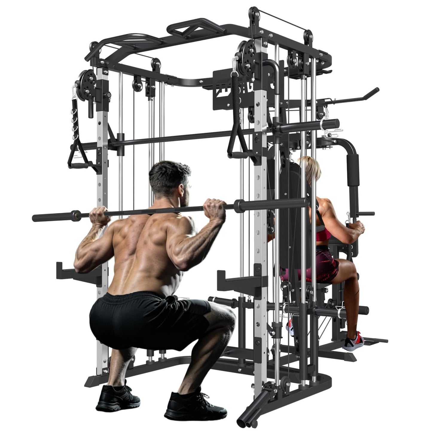 FAGUS H All in One Home Gym System Workout Station, Multi-Function Smithe Machine Power Cage with Cable Crossover, Tripe-Sided Independent Load Posts, Functional Trainer for Full Body Training, Black