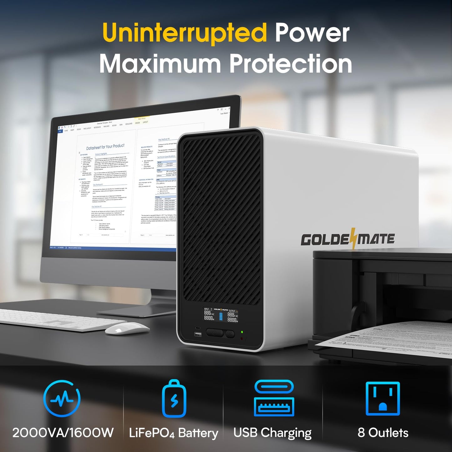 GOLDENMATE 2000VA/1600W Lithium UPS Battery Backup and Surge Protector, Backup Battery Power Supply with LiFePO4 Batteries(460Wh), AVR, Line Interactive Sinewave UPS System, 8 Outlets, LCD Display