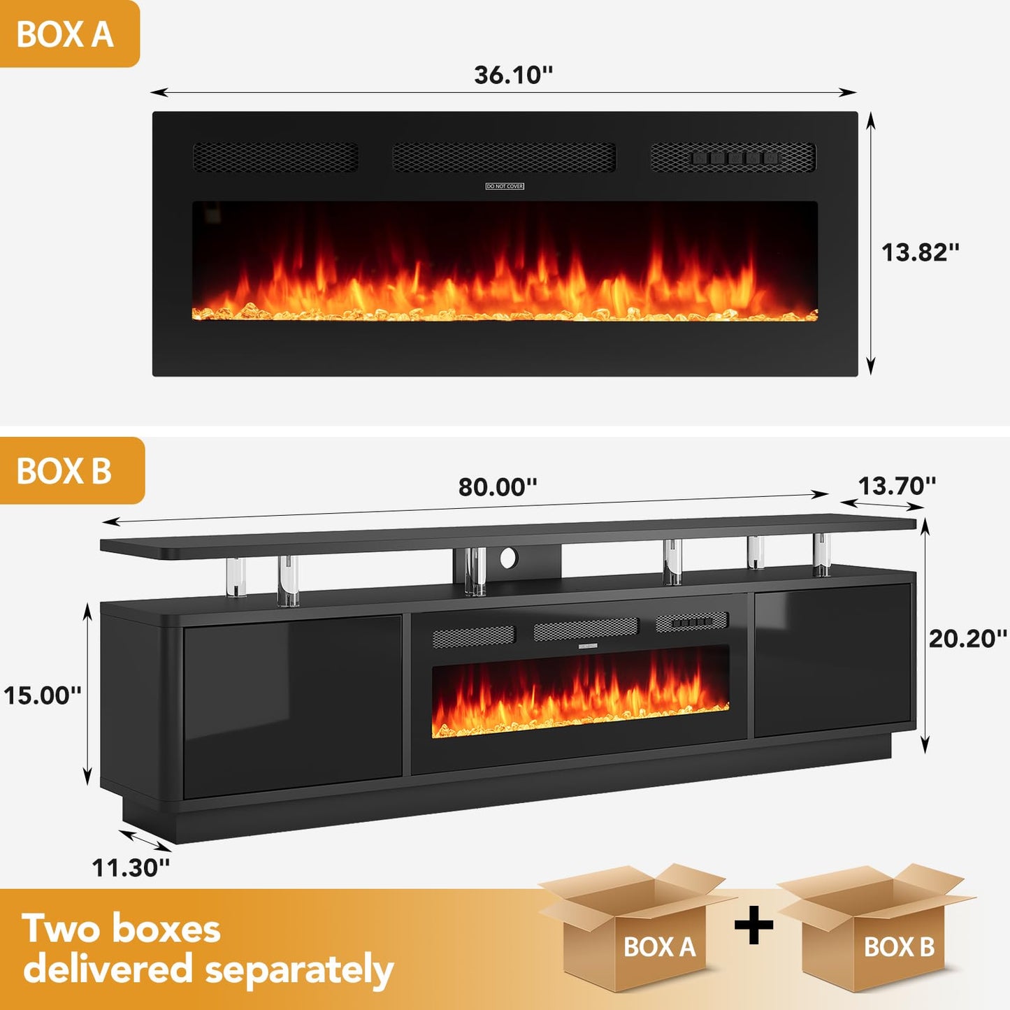 MXV 80" Fireplace TV Stand for Living Room, 36" Electric Fireplace with Adjustable Flames & Double LED Lights, Remote Control, Storage Cabinet with High Gloss Board, Fits TVs Up to 90", Black & Black