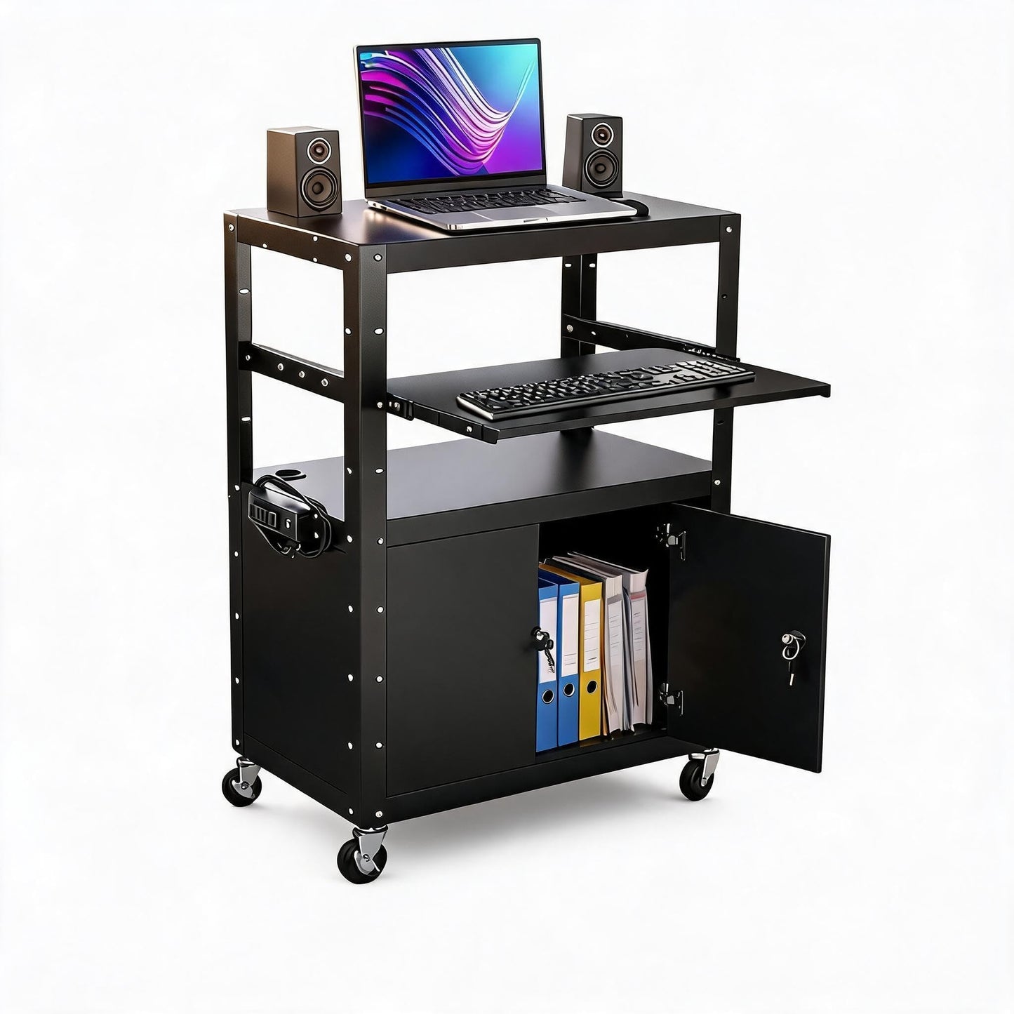 Rolling AV Cart with Locking Cabinet, Laptop Stand, and Drop Leaves, Height Adjustable Mobile Utility Cart Workstation with Extra Storage Space, Power Strip