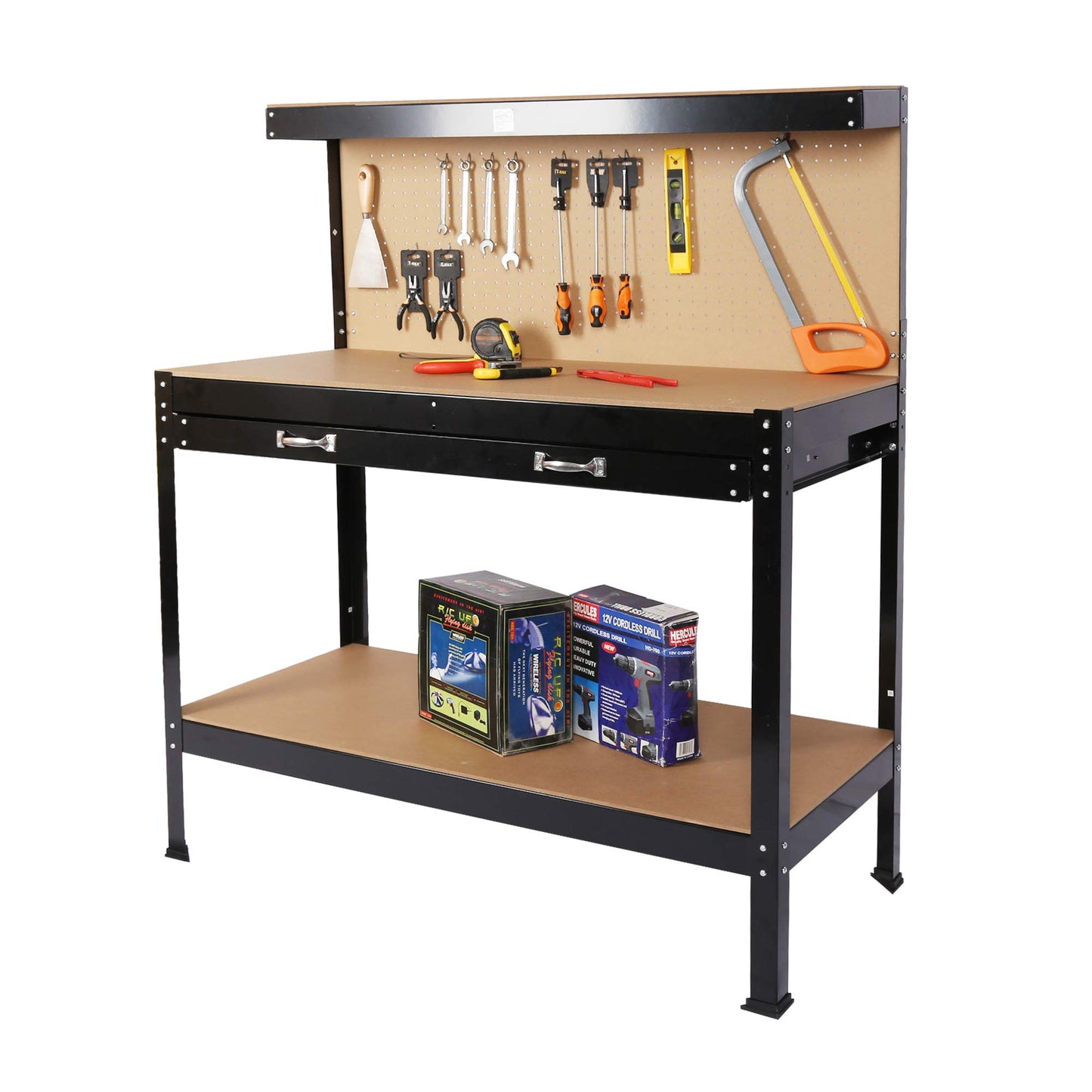 63" Heavy-Duty Steel Workbench - Industrial-Grade Garage Work Station Featuring a pegboard, Storage Drawer & Bottom Shelf.(63"x24"x36") Supports up to 300 lbs.