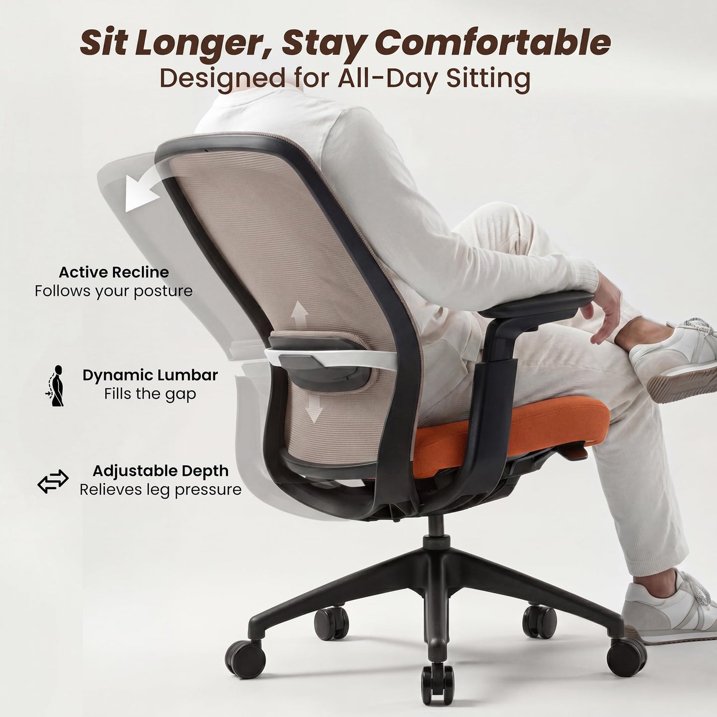 COLAMY Aether Executive Office Chair for Long Hours, One-Touch Easy Adjust Managerial Desk Chair with Levitating Seat Cushion & Pilot-Level Sync Armrests, 300 LBS Mid Back Mesh Computer Chair,Orange