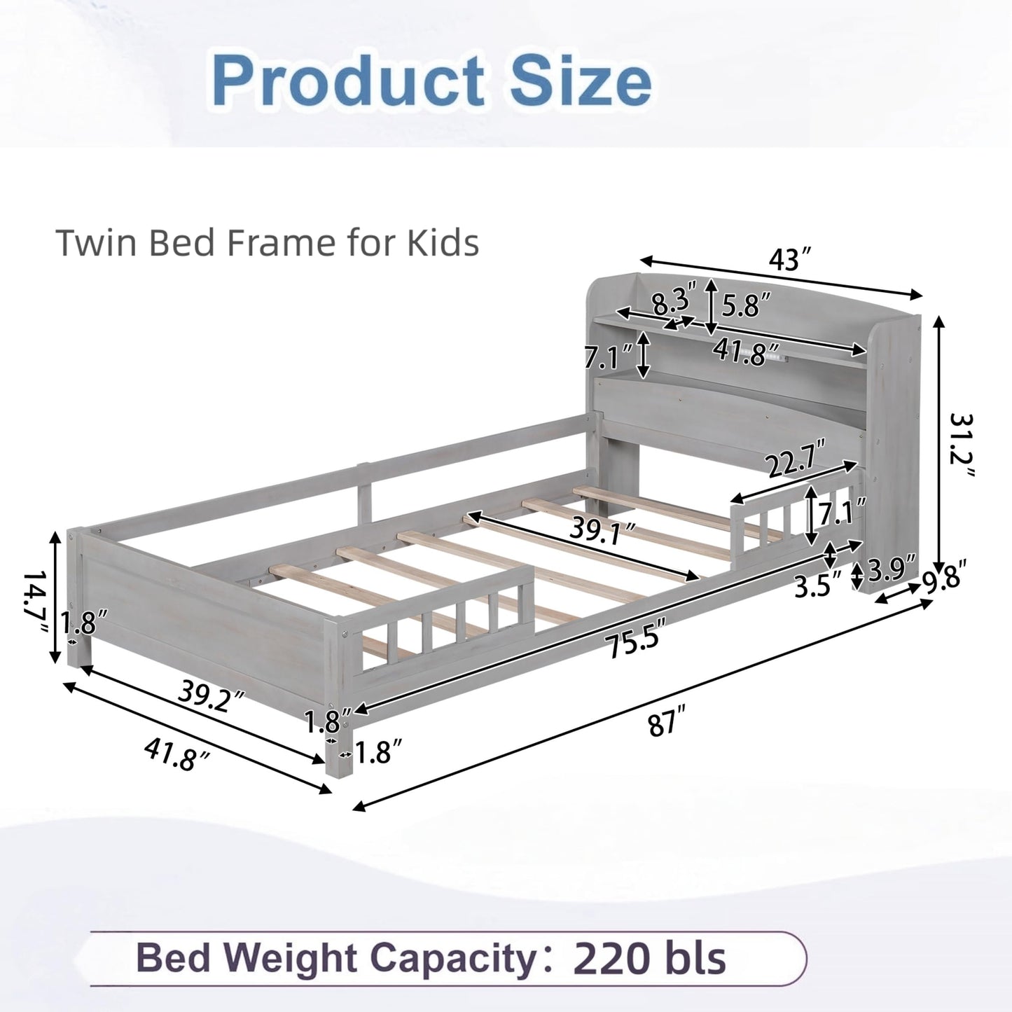 Merax Twin Bed Frame, Solid Wood Twin Size Platform Bed with Storage Headboard, Built-in Light and Safety Guardrail, Montessori Inspired Bed, No Box Spring Needed, Gray