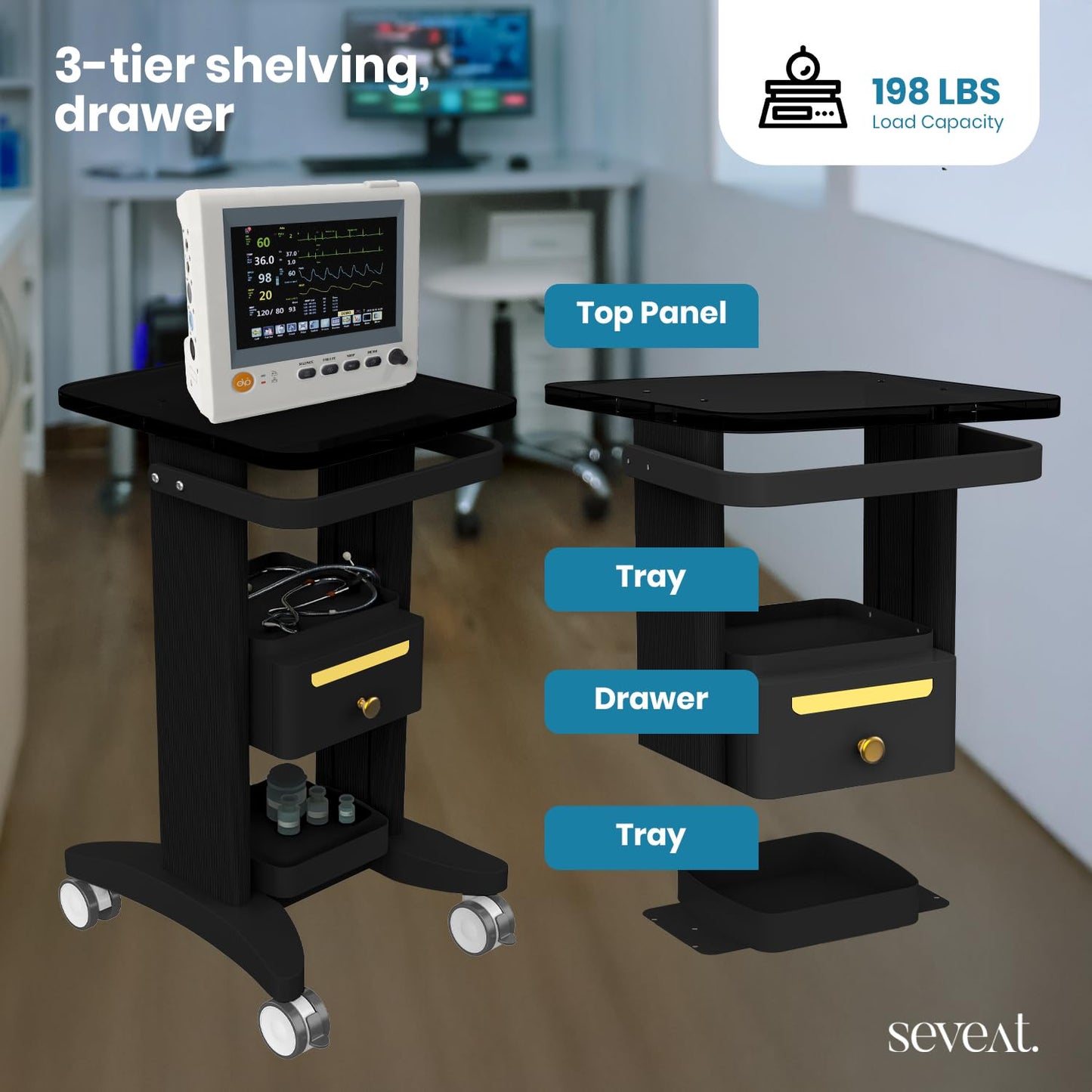 Seveat Professional Medical Cart | 3-Tier Rolling Trolley with Drawers | 198 lbs Capacity | Portable Utility Cart for Hospitals, Clinics, Spa, Office, or Home (Black)