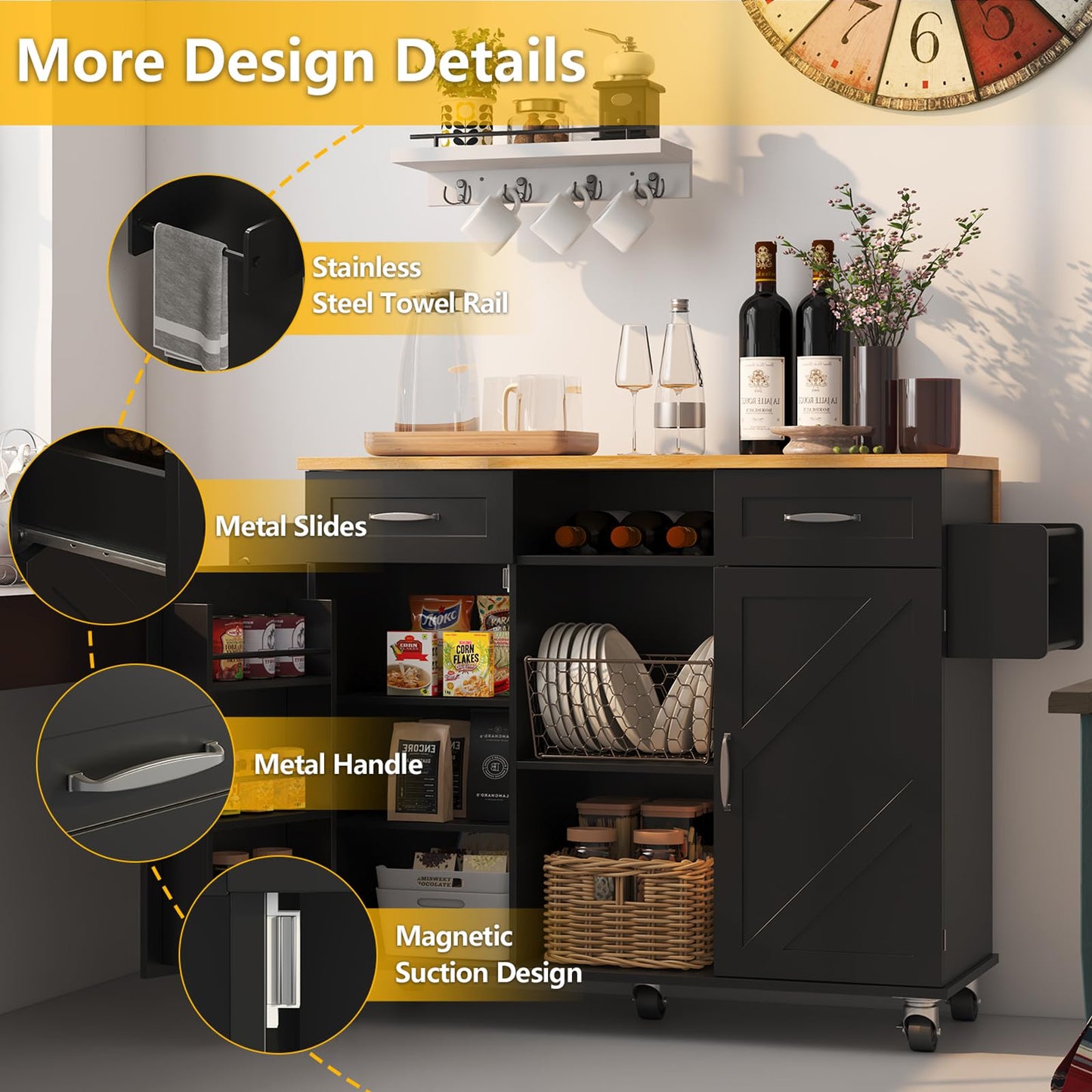 knoworld 51.5'' Rolling Kitchen Island with Storage Cabinet & Drawers, Drop Leaf Kitchen Cart on Wheels, Farmhouse Portable Mobile Islands, Large Butcher Block Table with Tower/Spice Rack, Black