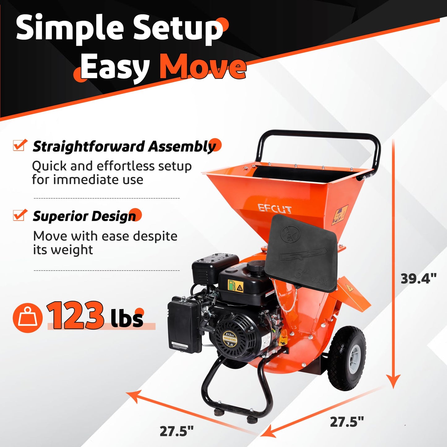 EFCUT 3 in 1 Wood Chipper Shredder Mulcher, 7 HP 212cc Heavy Duty Gas Powered, 3" Inch Max Wood Diameter Capacity, 2 Hoppers Multi-Function with Large Cutting Disc, Included Debris Bag