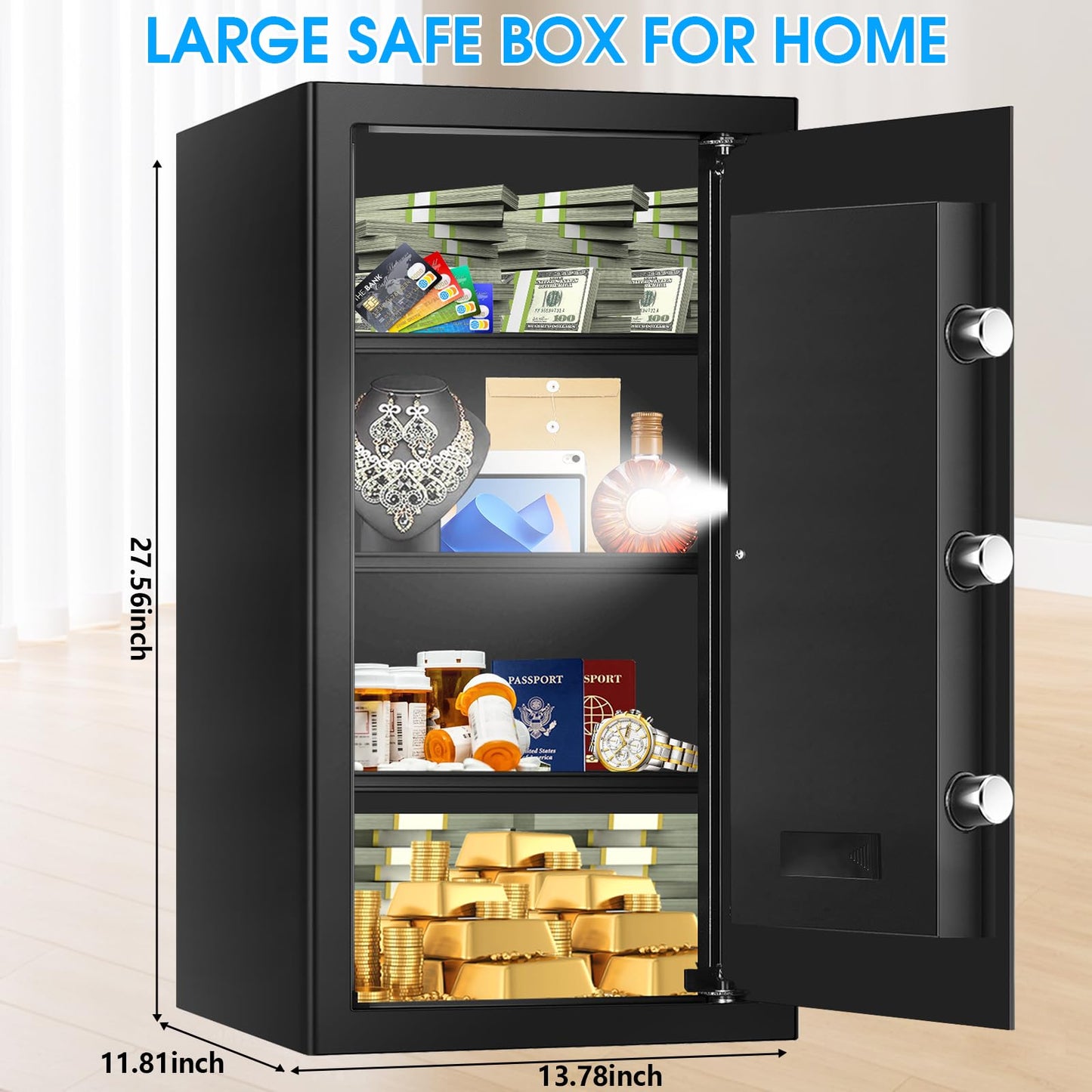 6.1 Cuft Large Fireproof Safe for Documents, Digital Security Personal Safety Box with Programmable Keypad, Spare Keys and Removable Shelf, Anti-Theft Fire Safe Box for Home Money Firearm Medicine