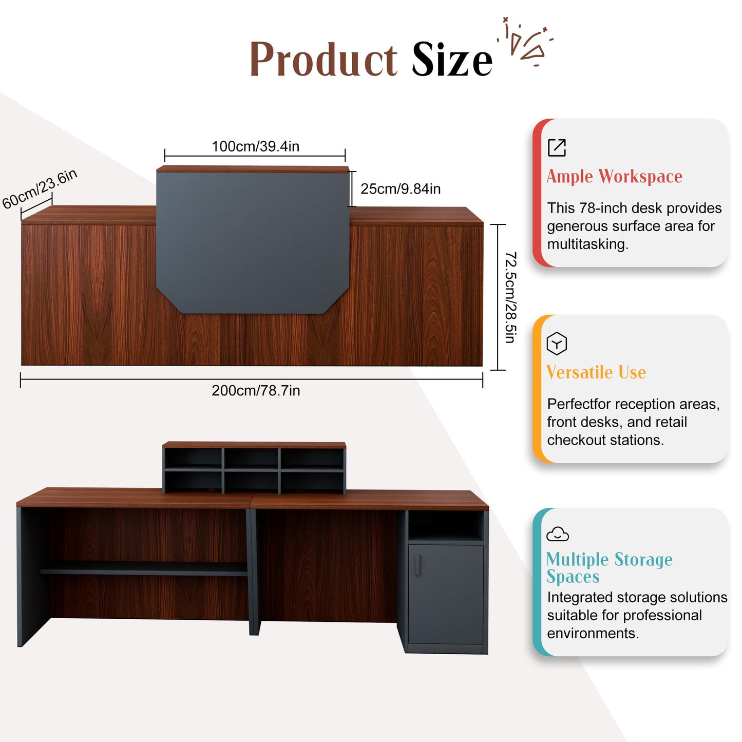 JNMDLAKO Reception Desk with Counter, 78.8" Modern Front Desk Reception Counter Walnut, Retail Checkout Counters with Storage Shelf Cabinet for Business Office, Lobby, Store, Salon