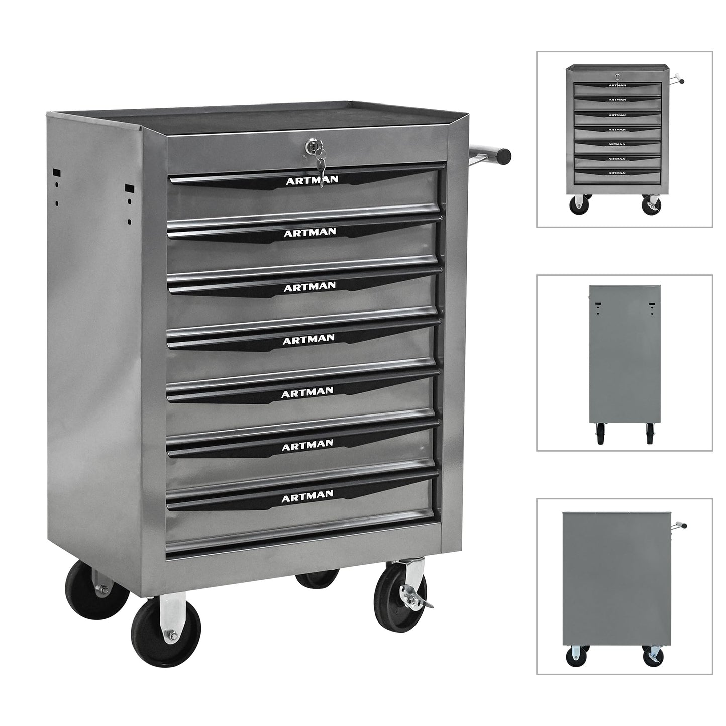 KEIKI Rolling Metal Tool Box with 7 Drawers, 20" Steel Tool Storage Box Organizer, 7 Drawer Tool Chest with Ball Bearing Drawer Slides, Silver