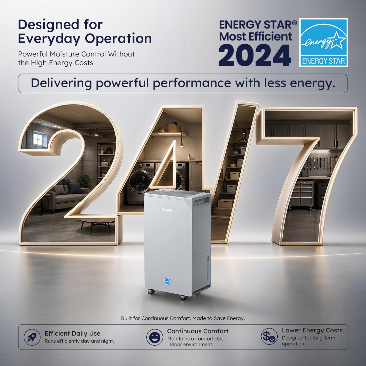 DECIUU 5000 Sq.Ft Energy Star Most Efficient 2024 Dehumidifier, Max 100 Pint Moisture Removal, Auto Defrost, Drain Hose, Smart Humidity Control for Basement, Home, Garage, Bathroom, Laundry Room