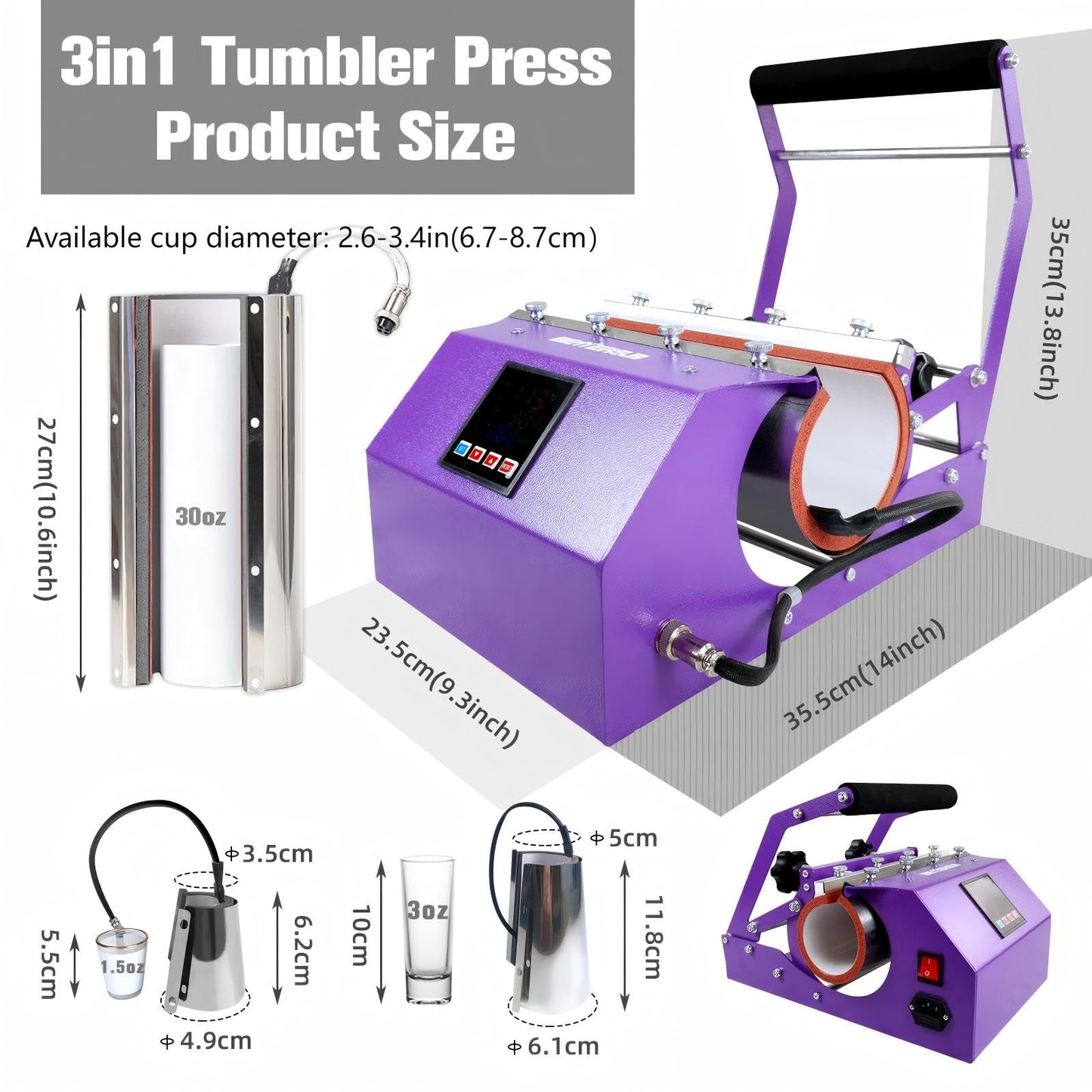BetterSub 3in1 Tumbler Mug Heat Press Machine 30 OZ 20 OZ 16 OZ Sublimation Straight Skinny Tumbler Mug 3 OZ 1.5 OZ Shot Glass,11 OZ 15 OZ 16 OZ Sublimation Mug Heat Transfer (3in1 Purple)