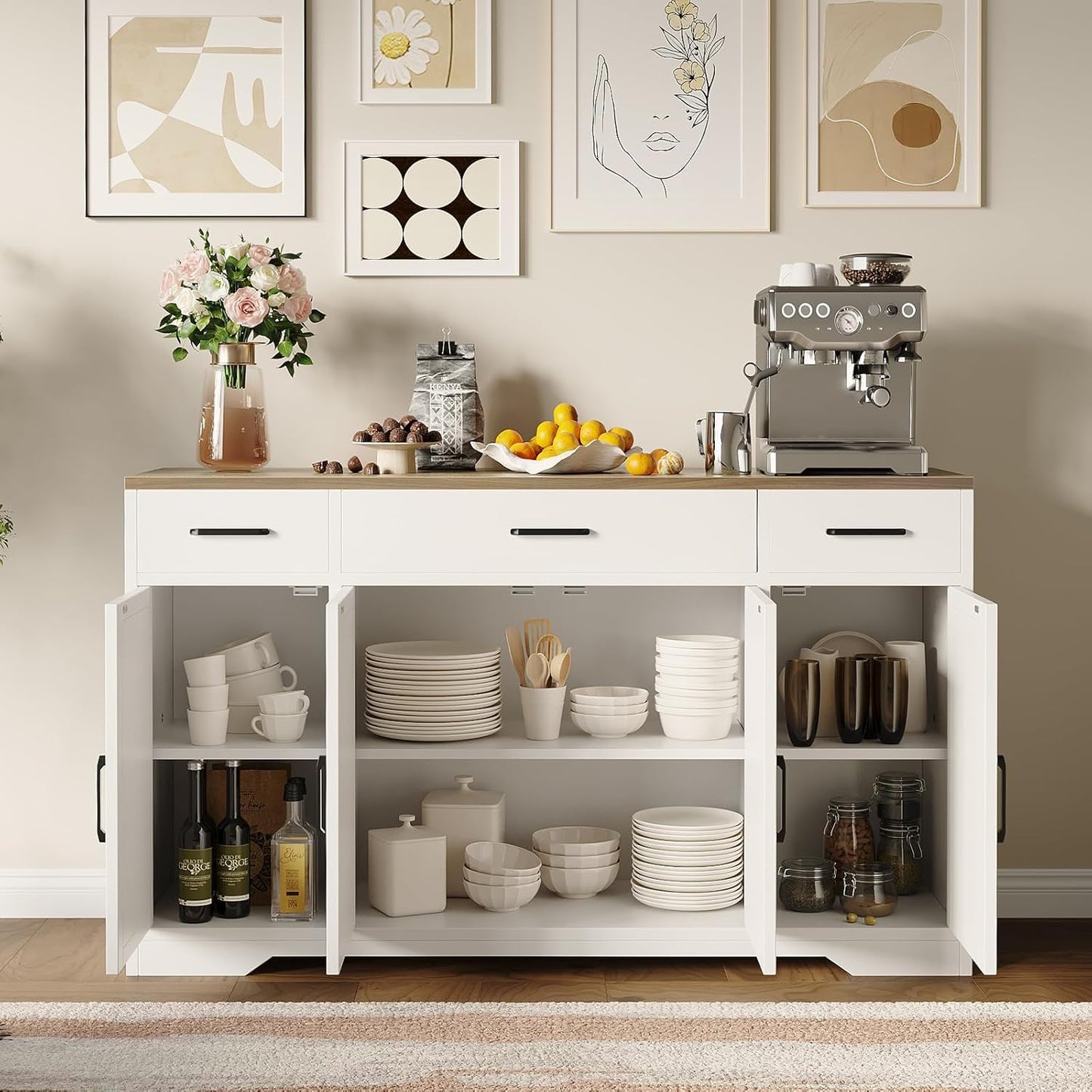 BouPower 55 Inch Farmhouse Sideboard Buffet Cabinet with Storage & 3 Drawers & Barn Doors Large Modern Wood Coffee Bar Buffet Table, Dining Room Storage Cabinet for Dining Room, Kitchen, Living Room