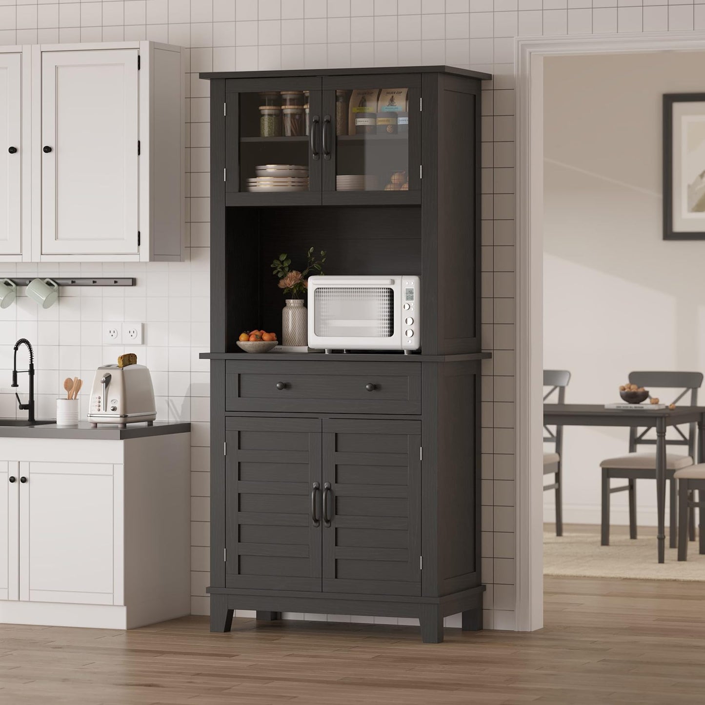 GarveeHome 72 in Tall Kitchen Pantry Cabinet, Kitchen Hutch Bar Cabinet with Microwave Stand, Cupboard with Drawers Glass Doors for Dining Room, Living Room, Dark Black