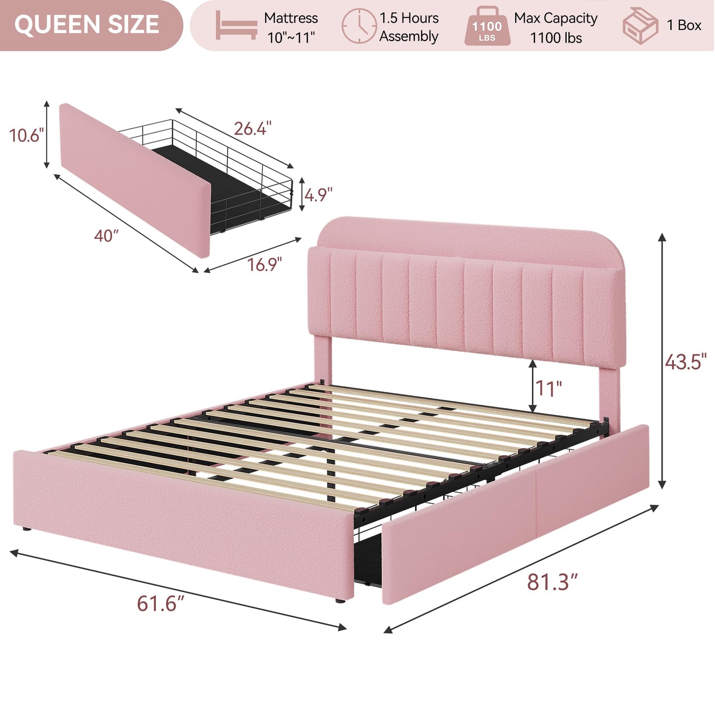 GarveeHome Queen Bed Frame with Storage Headboard, Girls Bed Frame with 2 Drawers, Boucle Upholstered Platform Bed with Bookcase, No Box Spring Needed, Easy Assembly, Light Pink