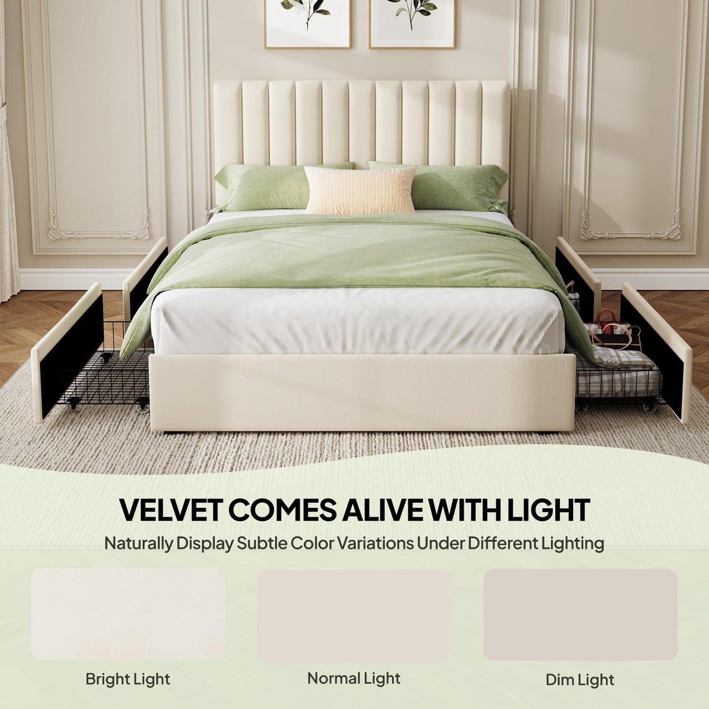 Welzona Queen Velvet Bed Frame with 4 Storage Drawers, Fully Upholstered Metal Platform Bed Frame with Vertical Channel Tufted Headboard, 3-Level Height, Easy Assembly, No Box Spring Needed, White