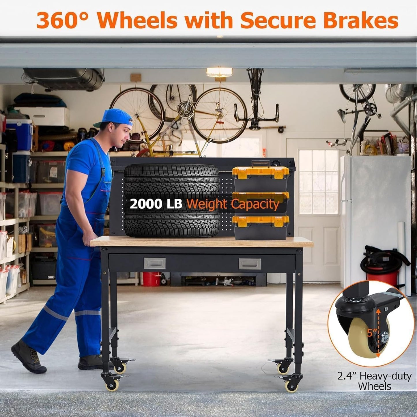 Workbench 48 x 24 Adjustable Height Worktable, 2000 LBS Load Capacity, Heavy Duty Rubber Wood Top, Workbench with Drawers, Pegboard, Power Outlets & Lockable Wheels, with Drawer Back