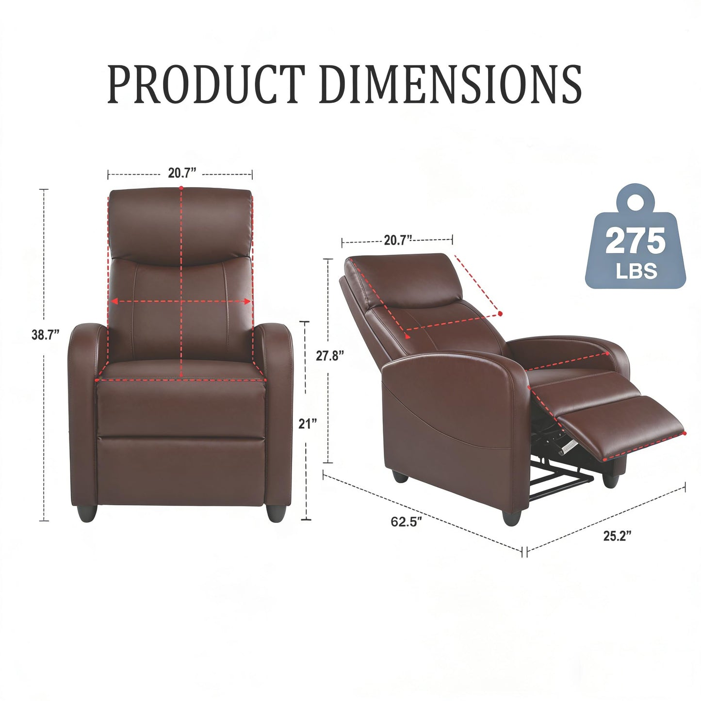 Simple Deluxe Massage Recliner Chair - Adjustable PU Leather Recliner, Luxe Reading Chair & Sofa Chair for Living Room Chairs or Bedroom Chair, Small Recliner for Home Theater, Brown