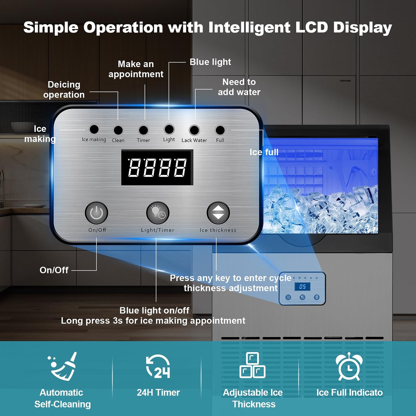 Amzgachfktch Commercial Ice Maker, 100lbs/24H Ice Maker Machine, Auto Self-Cleaning, LED Digital Display, Blue Light, Under Counter/Freestanding Ice Machine for Home/Office/Restaurant/Bar