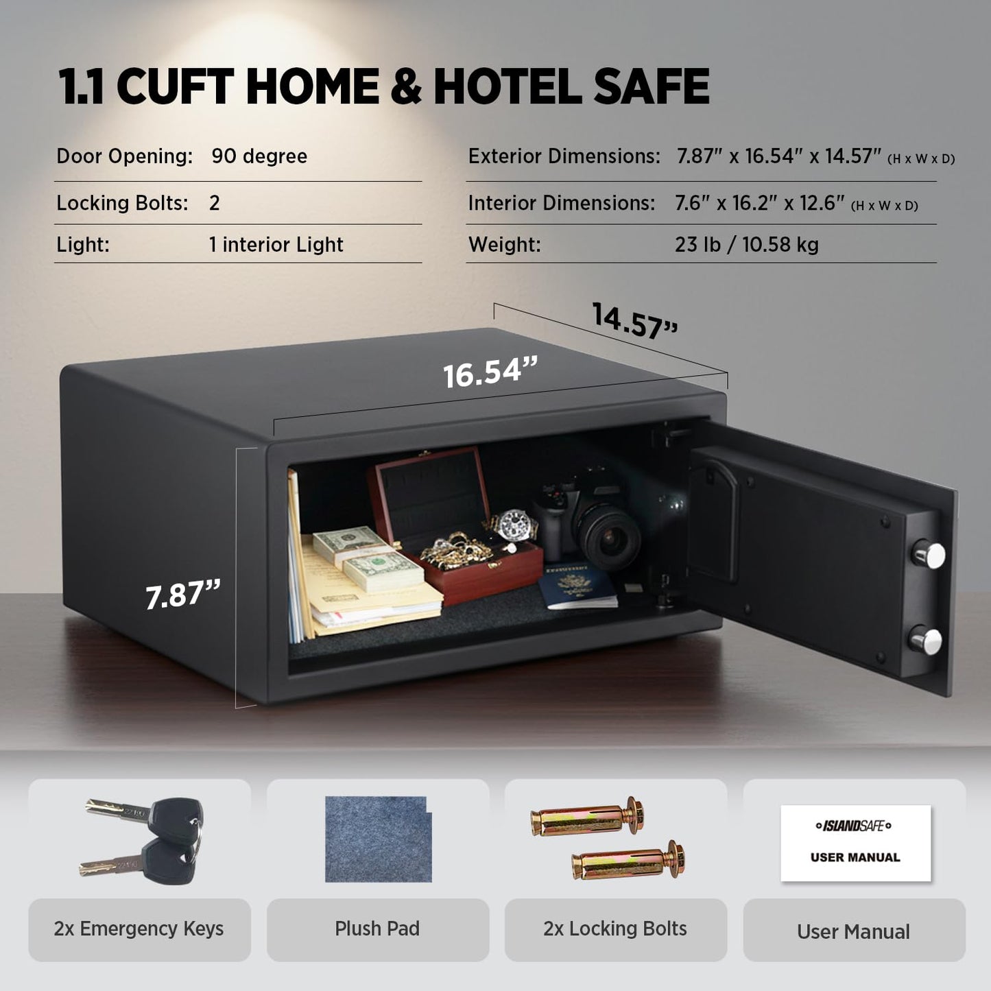 ISLANDSAFE Hotel Safe 1.1 Cubic Feet Home Safe with Digital Keypad, Hotel & Home Dual-Use Safe with Audit Function,Administrator Password,Security Lock Box for Laptop,Jewelry,Watch (Black,Fingerprint)