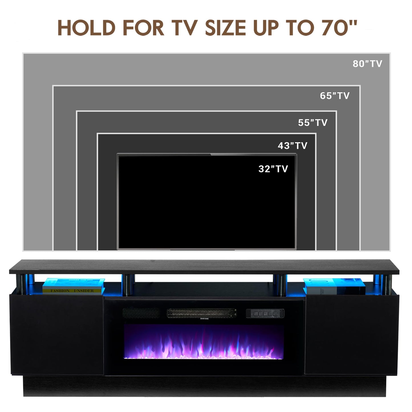 OneBlis 80" Fireplace TV Stand for TVs UP to 90", Electric Fireplace Entertainment Center with LED Lights & Storage Cabinets, TV Console for Living Room, Office, Black-Black