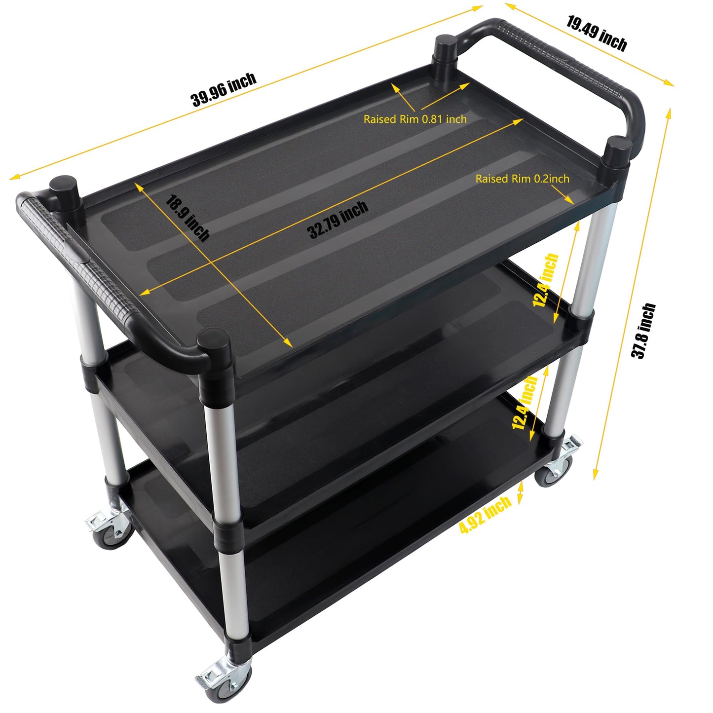 17Tek 3-Tier Rolling Utility Cart with 4 Lockable Wheels, Heavy Duty Plastic Service Cart with 540lbs Capacity, Commercial Service Cart on Wheels for Restaurant/Office/Warehouse/Kitchen/School, Black