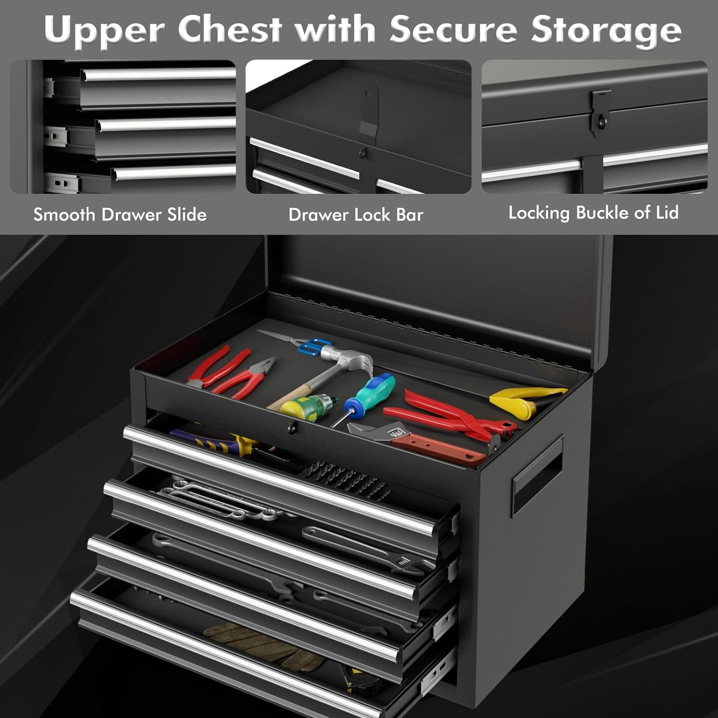 HOMGX 5-Drawer Tool Combination Cabinet, Rolling Toolbox w/Detachable Top & Adjustable Shelf, Lockable Wheels & Sliding Drawers, Large Capacity Tool Storage Cabinet for Garage Workshops (Black)