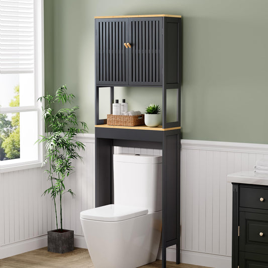Over The Toilet Storage Cabinet with Breathable Bamboo Doors, 3-Tier Bathroom Organizer Above Toilet, Freestanding Space Saver Rack with Adjustable Bottom Bar & Shelf, 24" x 70", Black & Natural