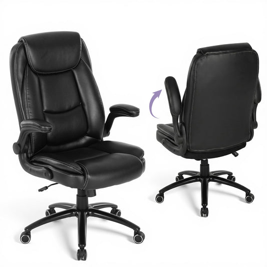 400lbs Capacity Executive Desk Chair Set of 2 with Ergonomic Lumbar Support, Flip-up Arms & High Back Leather Computer Chair for Home/Office, Black