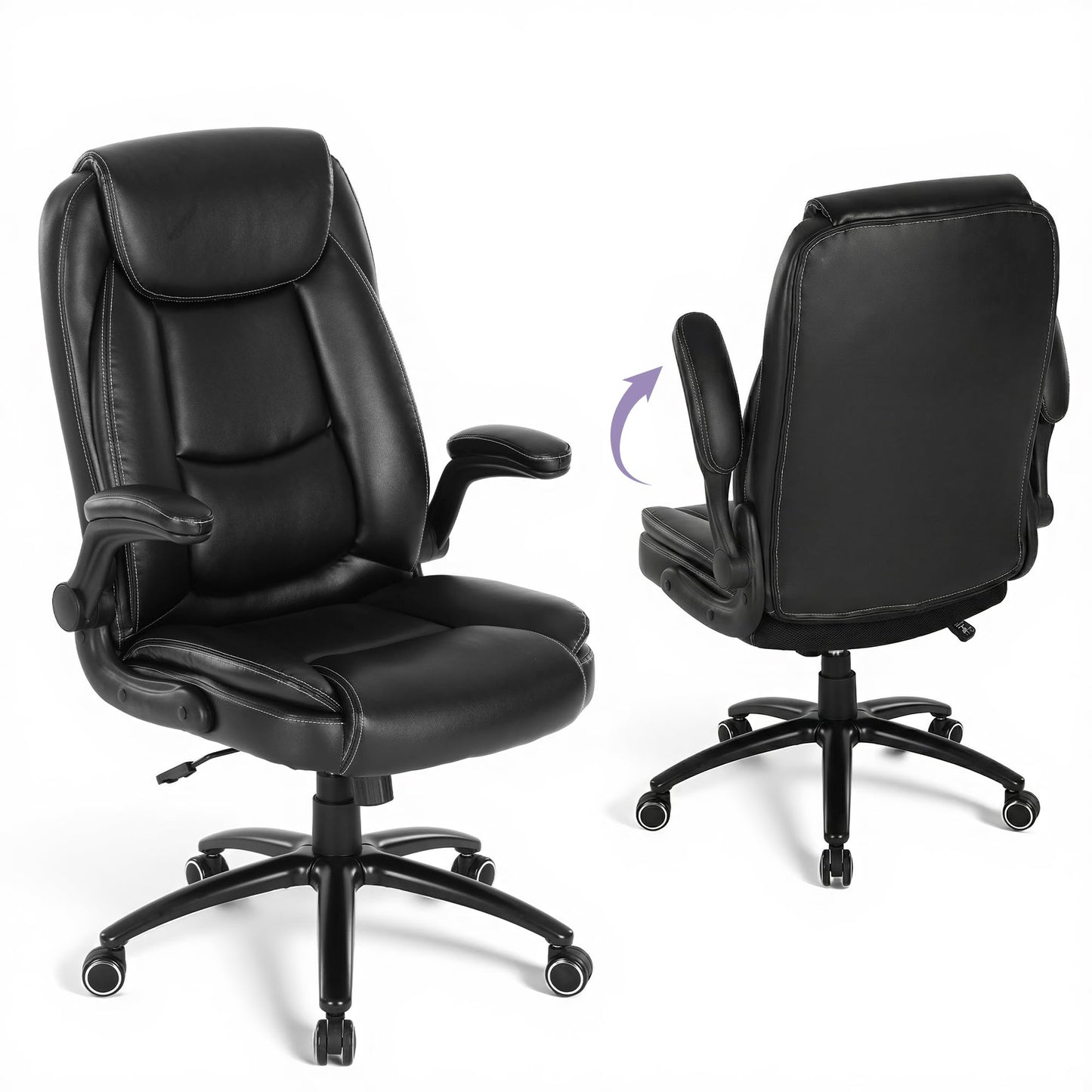 MALOL 400lbs Capacity Executive Desk Chair Set of 2 with Ergonomic Lumbar Support, Flip-up Arms & High Back Leather Computer Chair for Home/Office, Black